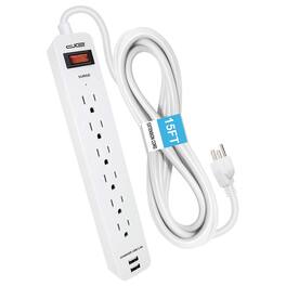 Digital Energy - 6-AC Outlet 2-USB Port 1,050-Joule Surge Protector Power Strip, Straight Plug, 15 Ft - White