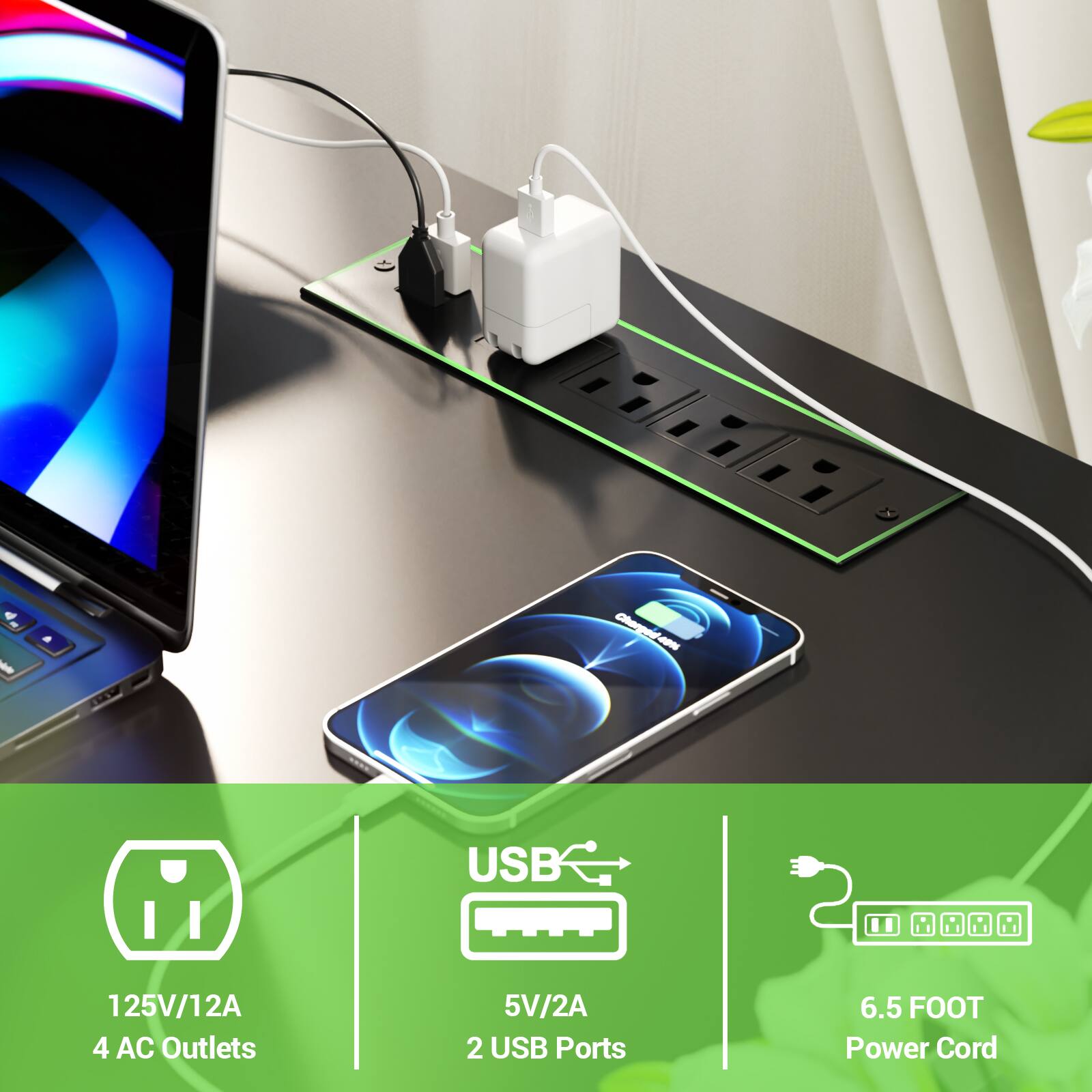 Cher no USB 125V/12A 4 AC Outlets 5V/2A 2 USB Ports 6.5 FOOT Power Cord