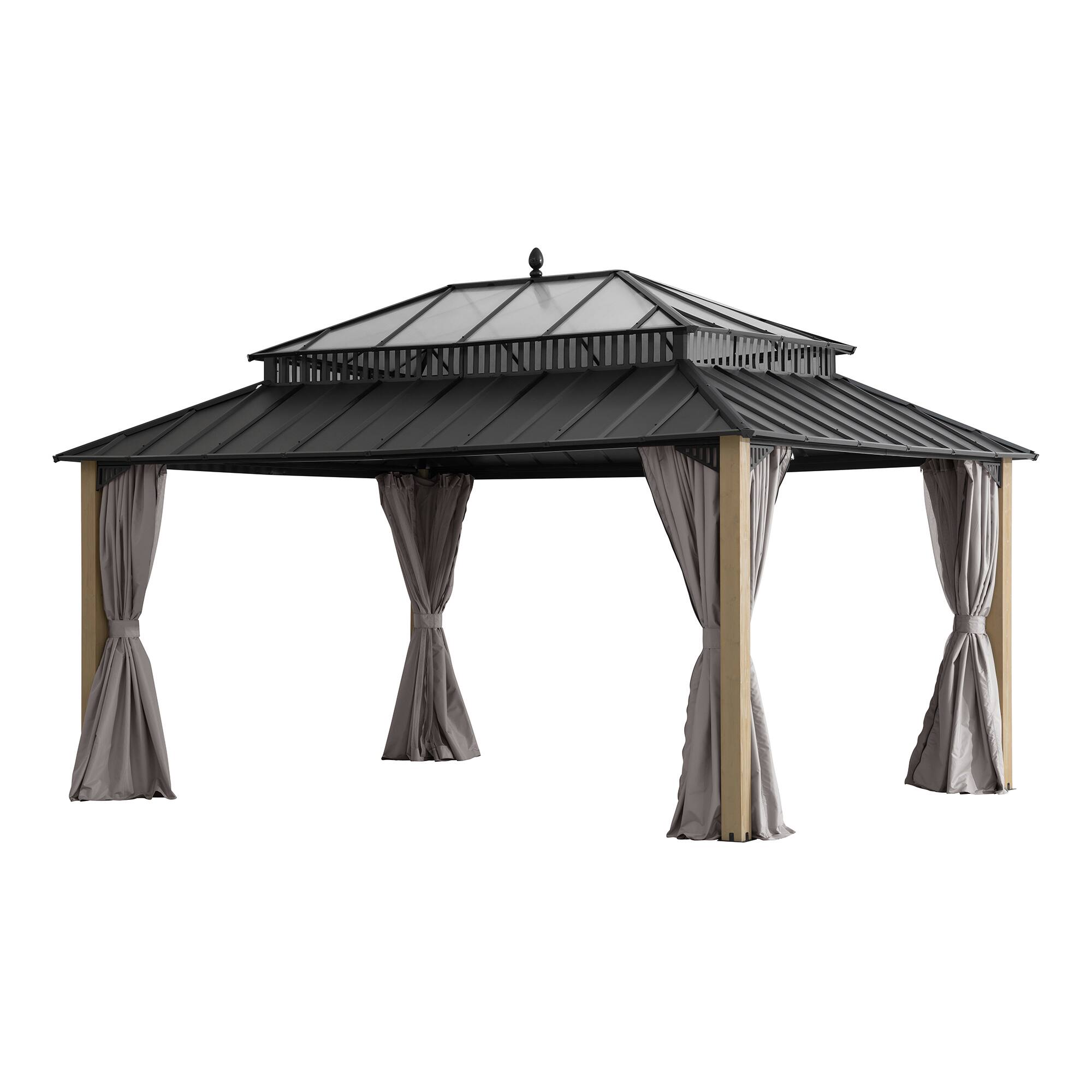Angle. SUNJOY - SUNJOY Kingston 16x12 Gazebo, Steel & PC Roof Hardtop Gazebo with Curtain and Netting - Cedar Posts.