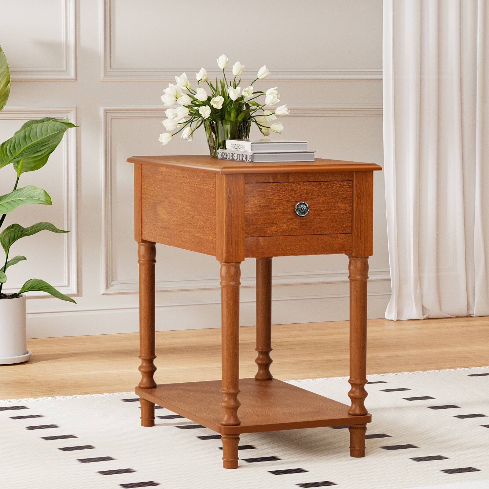 Front. LOVMOR - Solid Wood End Table Narrow Side Table Living Room Vintage Wood Narrow Nightstand for Bedroom 14" W x 22" D x 24.8" H - Reddish Brown.