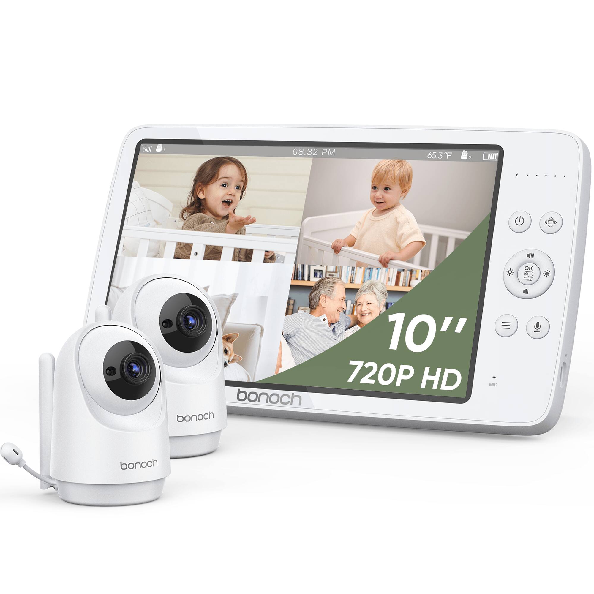 bonoch - MegaView Baby Monitor 10 inch 720P with 2 cameras No Wifi VOX Mode Auto Night Vision Hack Proof - White