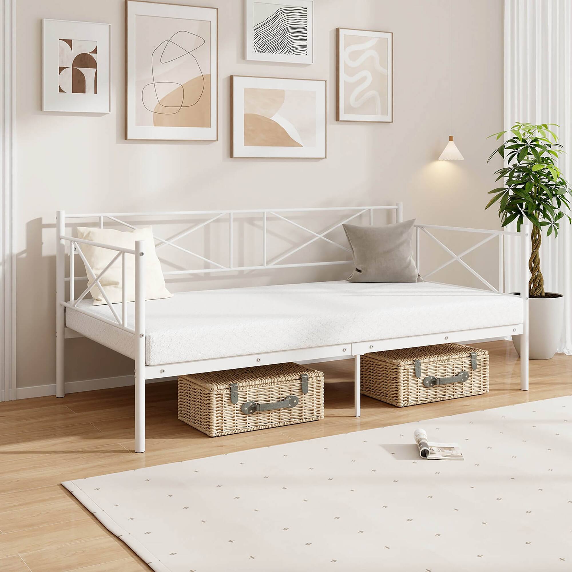 Alt View 9. Gymax - Gymax Twin Size Metal Daybed Modern Platform Bed w/ Heavy-duty Metal Slat Support White - White.