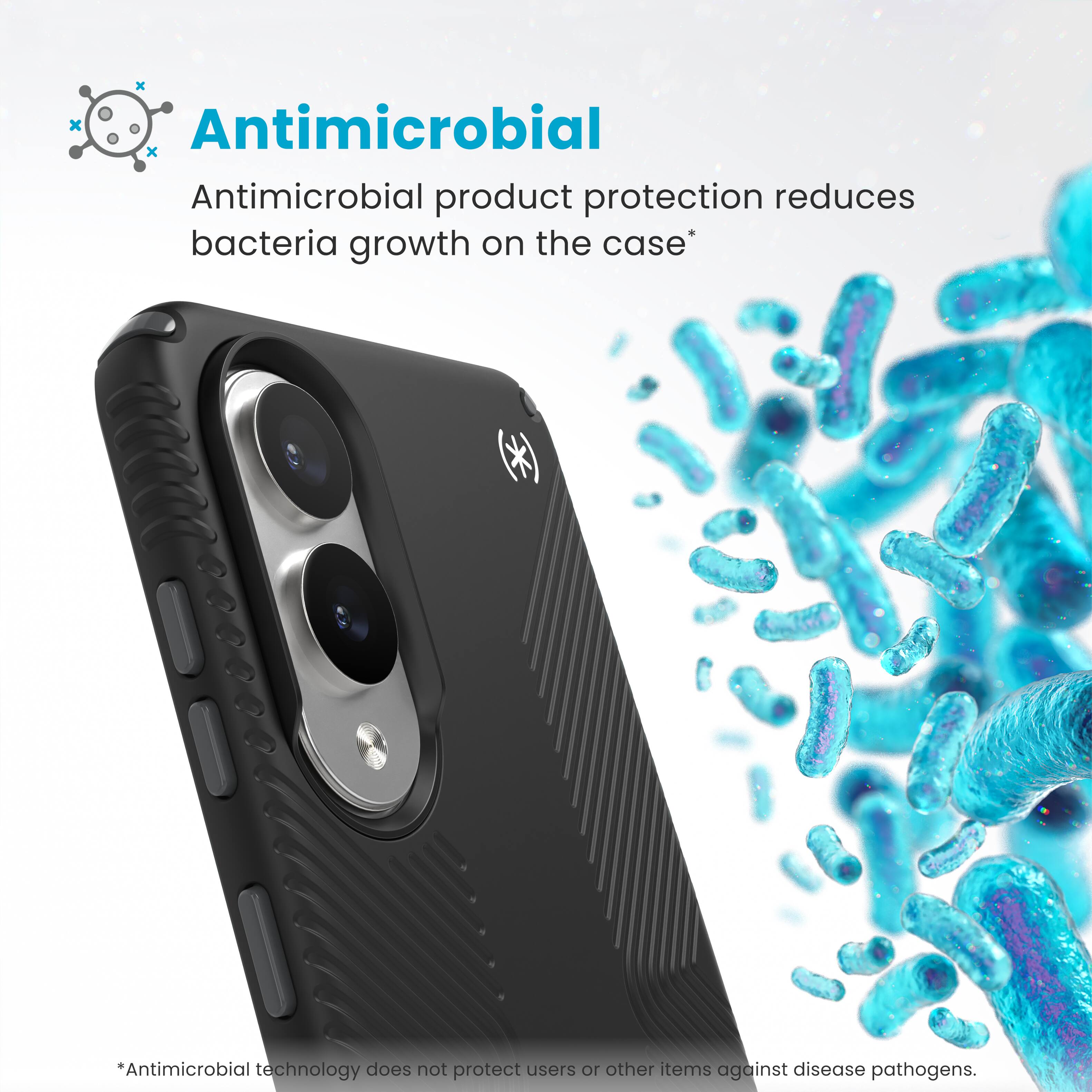 Antimicrobial technology does not protect users or other items against disease pathogens. Antimicrobial product protection reduces bacteria growth on the case.