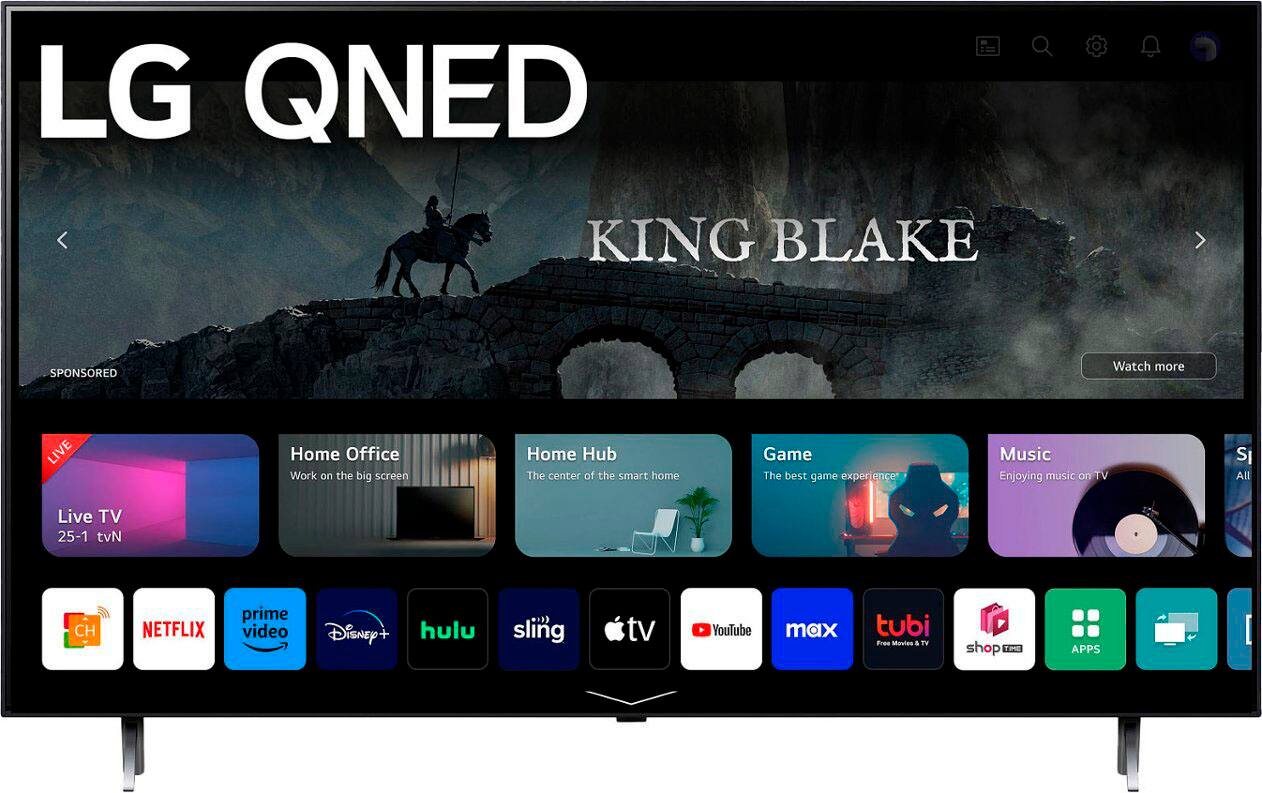 LG QNED King Blake sponsored Watch more LIVE Home Office Work on the big screen Home Hub The center of the smart home Game The best game experience Music Enjoying music on TV S All Live TV 25-1 tvN CH NETFLIX prime video Disney+ hulu sling tv YouTube max tubi Free Musies  TV shop TIME APPS