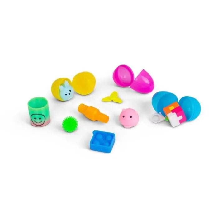 Left. One For Fun - Sensory Surprise Vending Machine, 12 Surprise Eggs with Mochi Squishies and Fidget Toys - Multicolor.