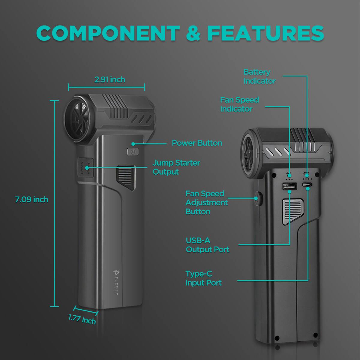 COMPONENT & FEATURES

- 2.91 inch
- 7.09 inch
- 1.77 inch

- Battery Indicator
- Fan Speed Indicator
- Power Button
- Jump Starter Output
- Fan Speed Adjustment Button
- USB-A Output Port
- Type-C Input Port