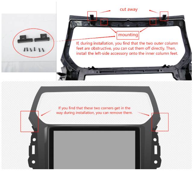 cut away mounting

If, during installation, you find that the two outer column feet are obstructive, you can cut them off directly. Then, install the left-side accessory onto the inner column feet. If you find that these two corners get in the way during installation, you can remove them.
