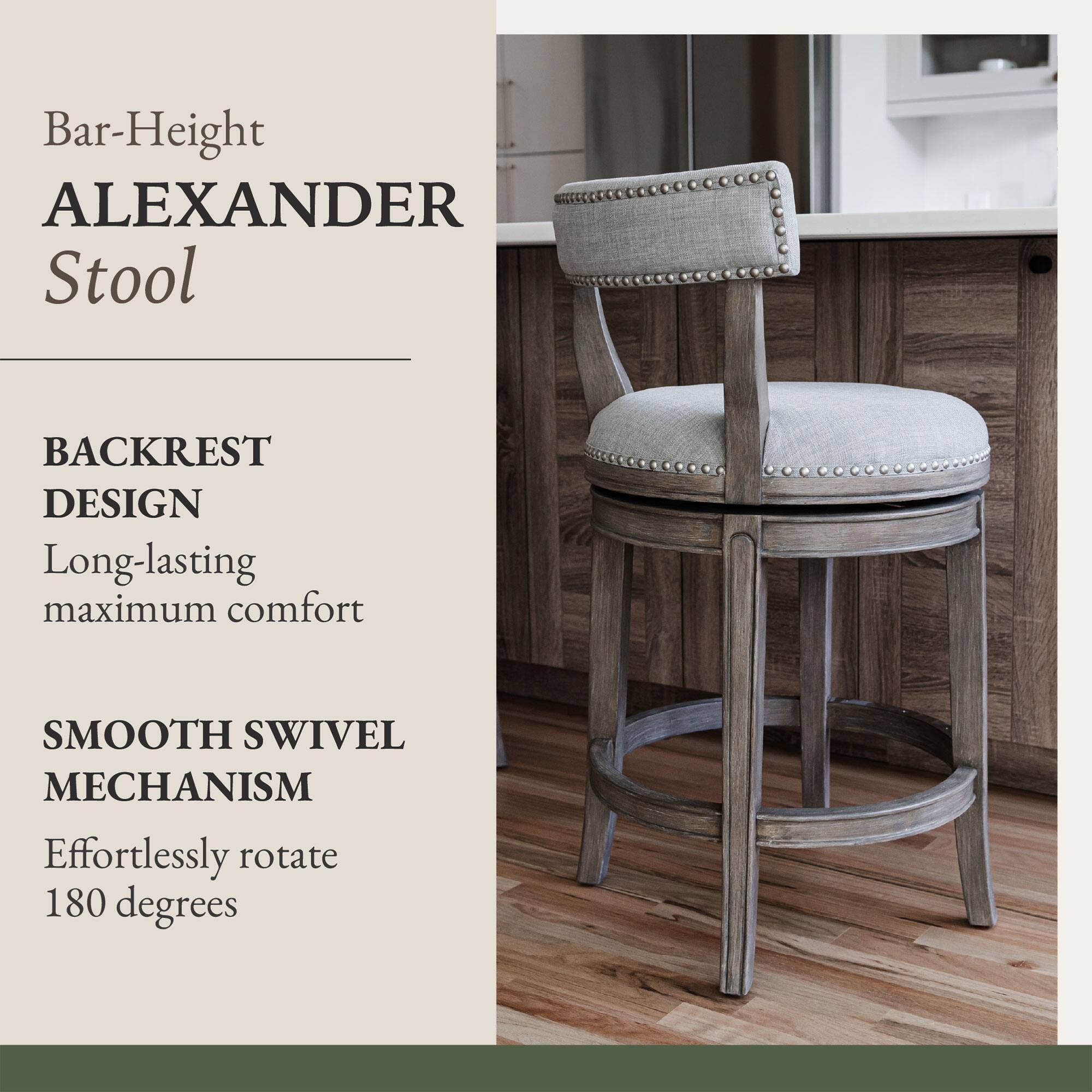 Bar-Height ALEXANDER Stool

BACKREST DESIGN
Long-lasting maximum comfort

SMOOTH SWIVEL MECHANISM
Effortlessly rotate 180 degrees