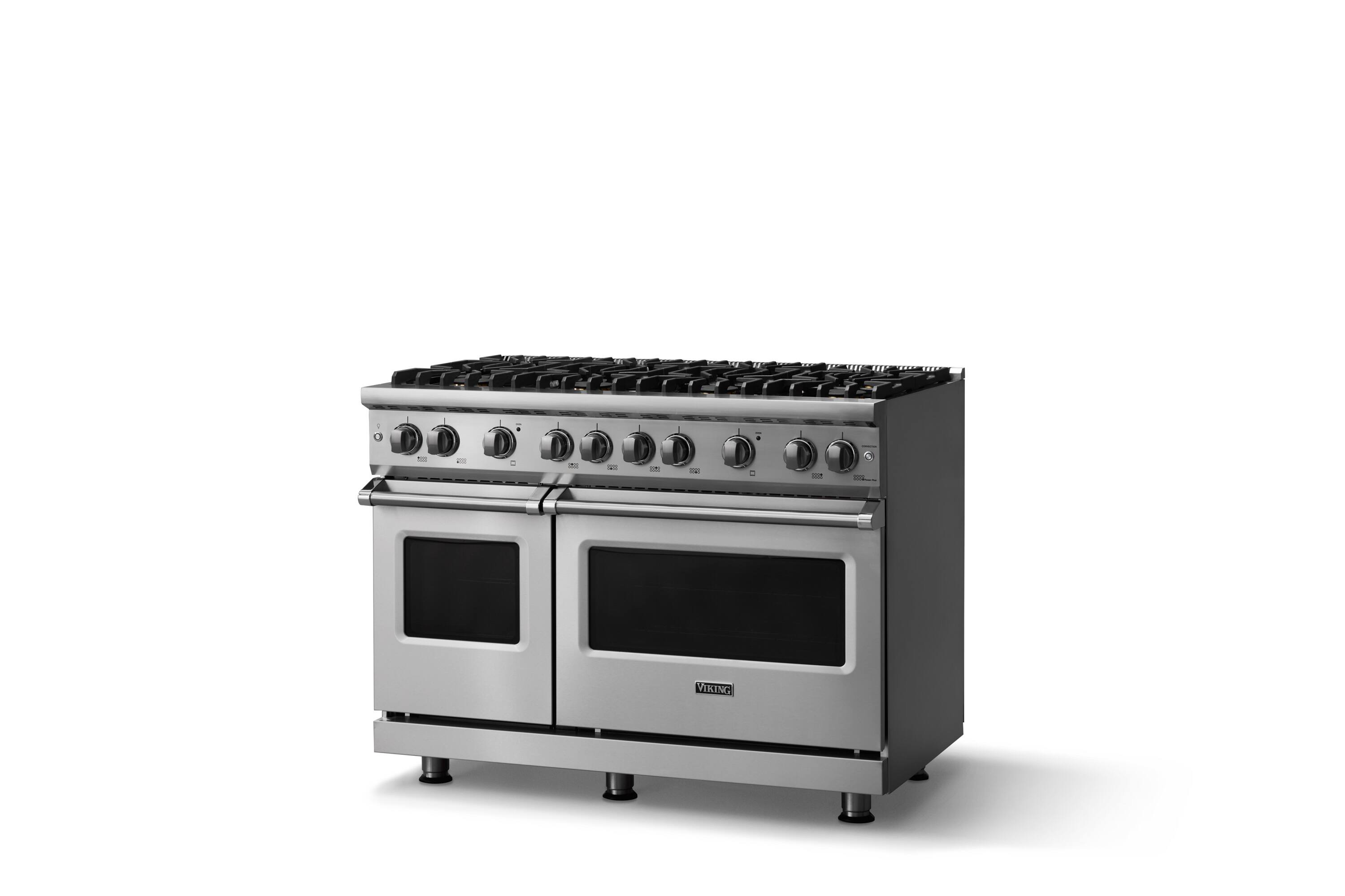 Angle. Viking - 48"W.  6.1 Cu.Ft. Freestanding Manual Clean Sealed 8B LP Gas Convection Range/Double Oven-Stainless Steel - Stainless Steel.