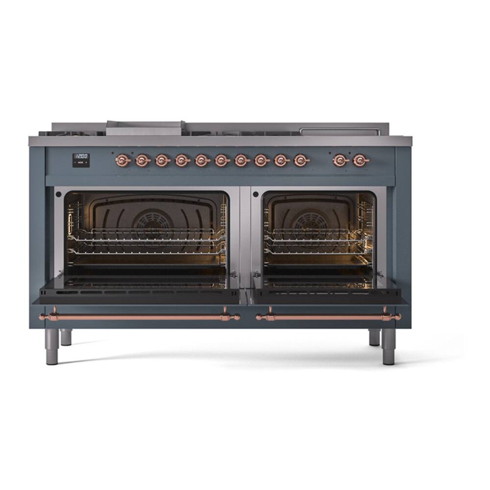 Alt View 4. ILVE - ILVE Nostalgie II 60 inch Dual Fuel Range with 7 Burners + Griddle (Liquid Propane, Blue Grey, Copper Trim) - Blue Grey.