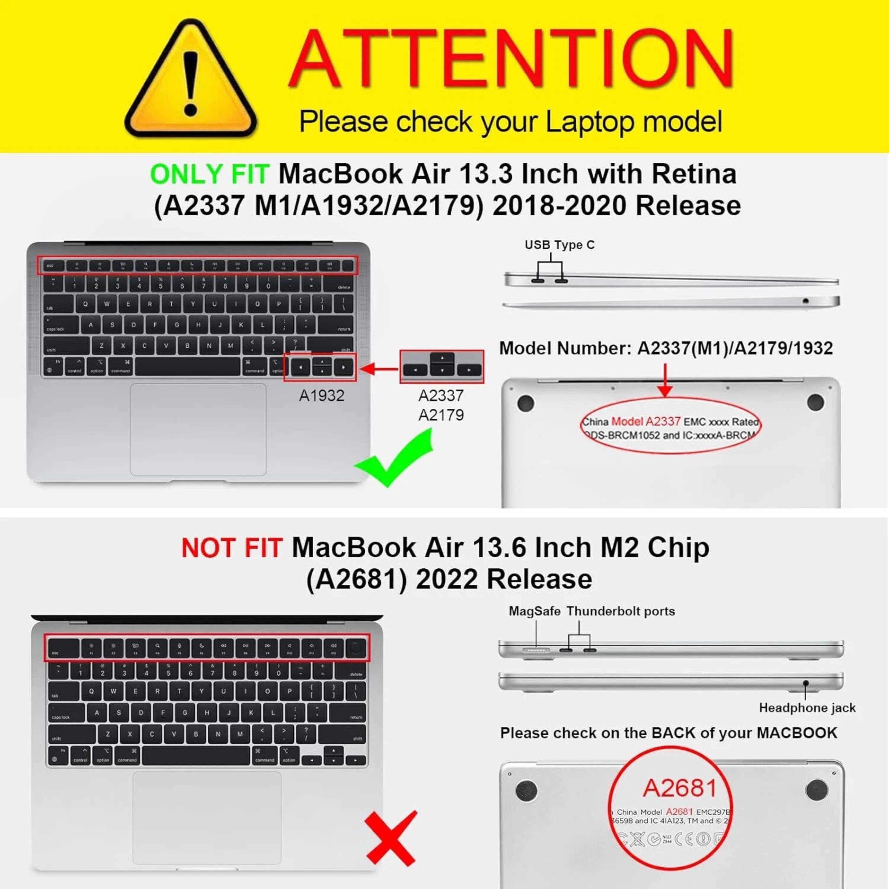 **ATTENTION**  
Please check your Laptop model

**ONLY FIT** MacBook Air 13.3 Inch with Retina (A2337 M1/A1932/A2179) 2018-2020 Release  
USB Type C

Model Number: A2337(M1)/A2179/1932  
China Model A2337 EMC XXXX Rated DS-BRCM1052 and Co0xoA-BRC

**NOT FIT** MacBook Air 13.6 Inch M2 Chip (A2681) 2022 Release  
MagSafe Thunderbolt ports  
Headphone jack

Please check on the BACK of your MACBOOK

China Model A2681 EMC2971 06500 and BLA12A