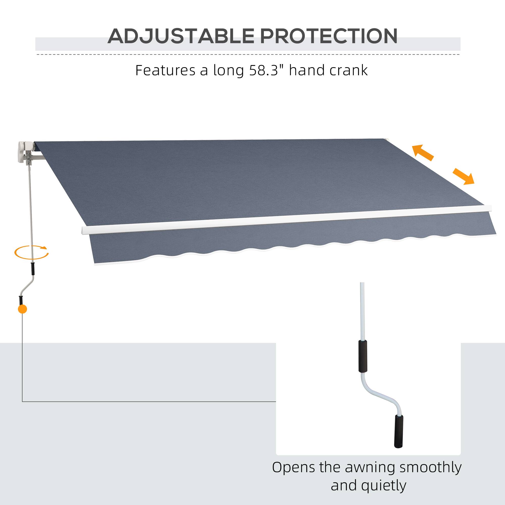 ADJUSTABLE PROTECTION
Features a long 58.3" hand crank
Opens the awning smoothly and quietly
