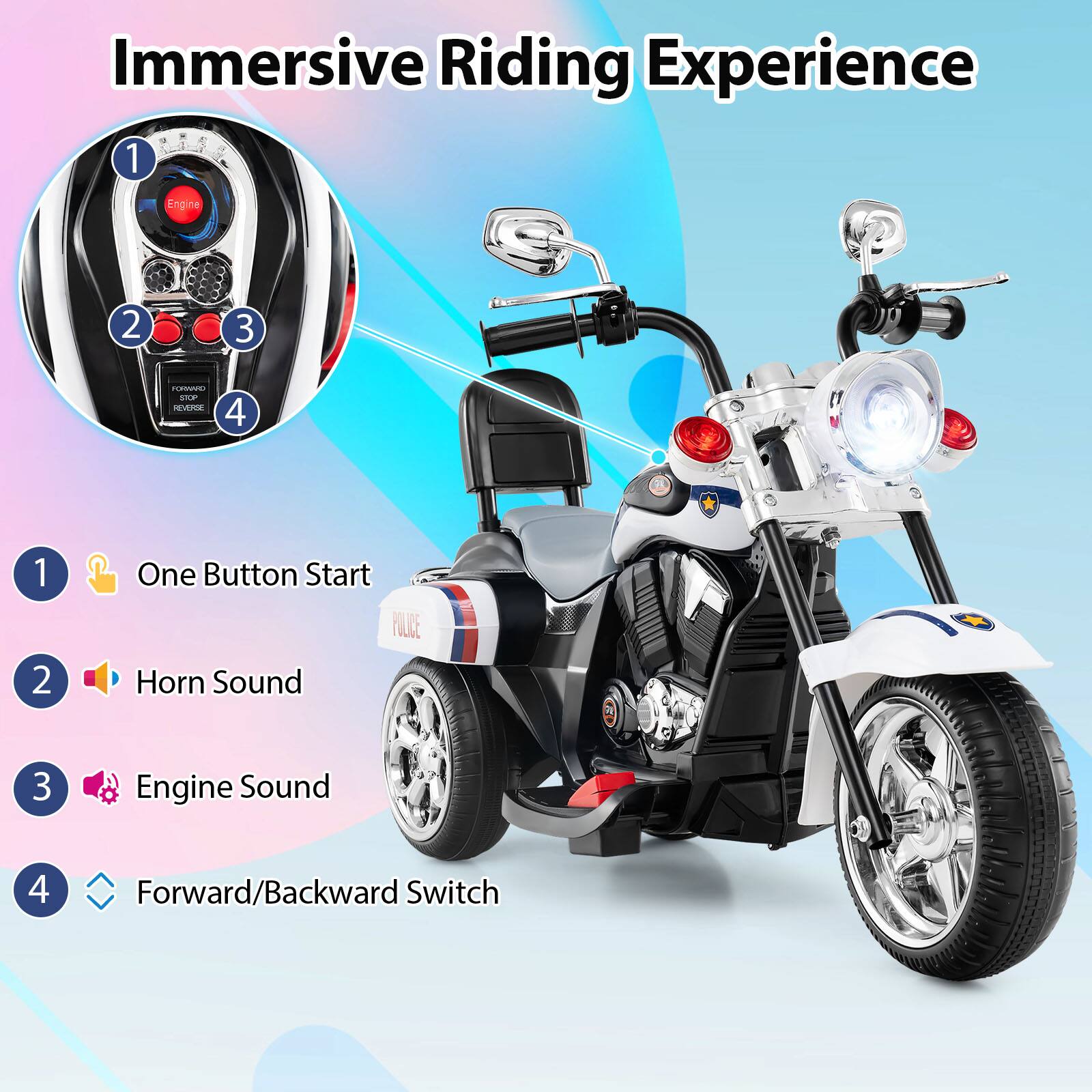 Immersive Riding Experience

1. One Button Start
2. Horn Sound
3. Engine Sound
4. Forward/Backward Switch