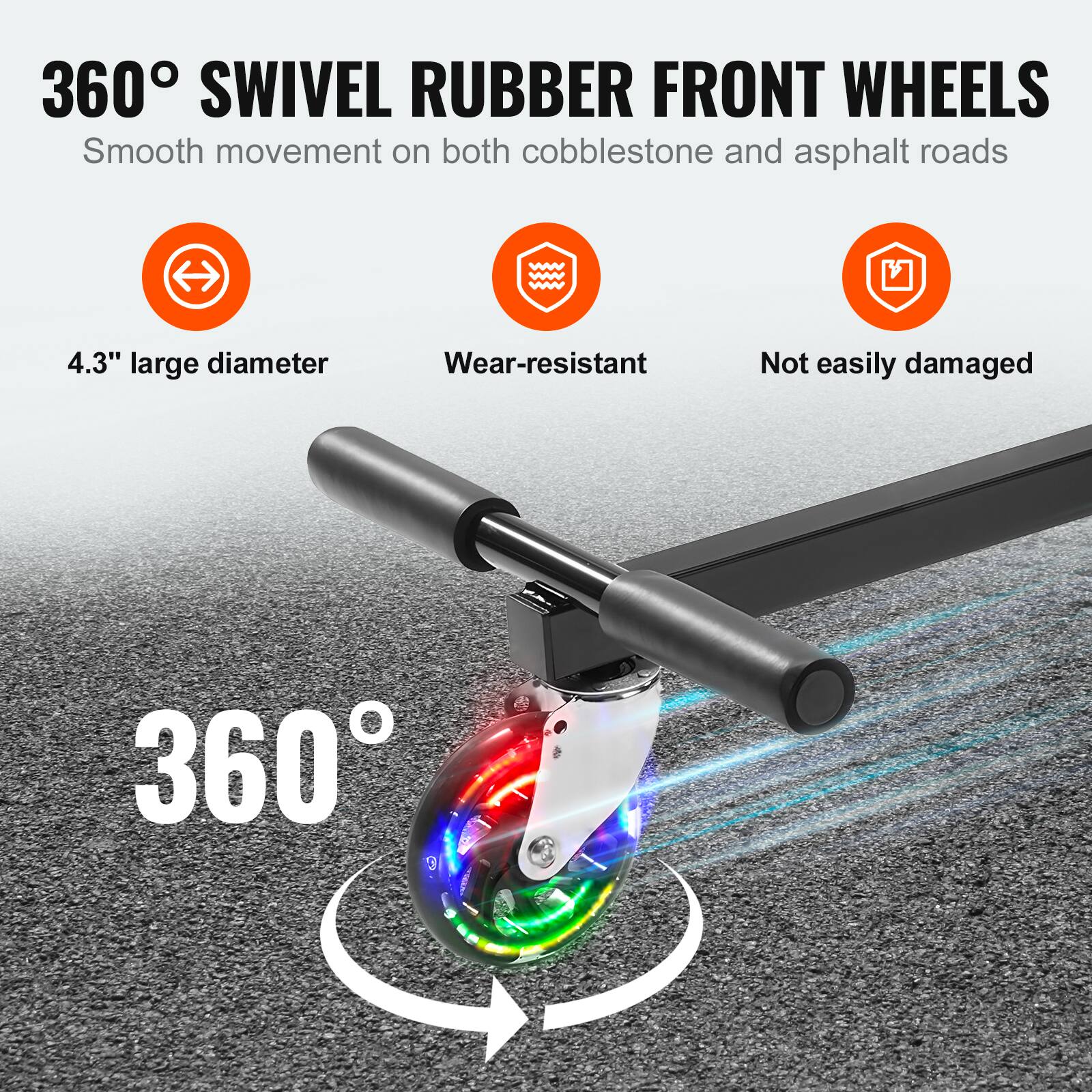 360° SWIVEL RUBBER FRONT WHEELS  
Smooth movement on both cobblestone and asphalt roads  

4.3" large diameter  
Wear-resistant  
Not easily damaged  

360°