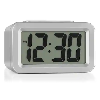 Front. Oumilen - Digital Alarm Clock with Dimmable Display, Snooze & Large Digits - Silver.