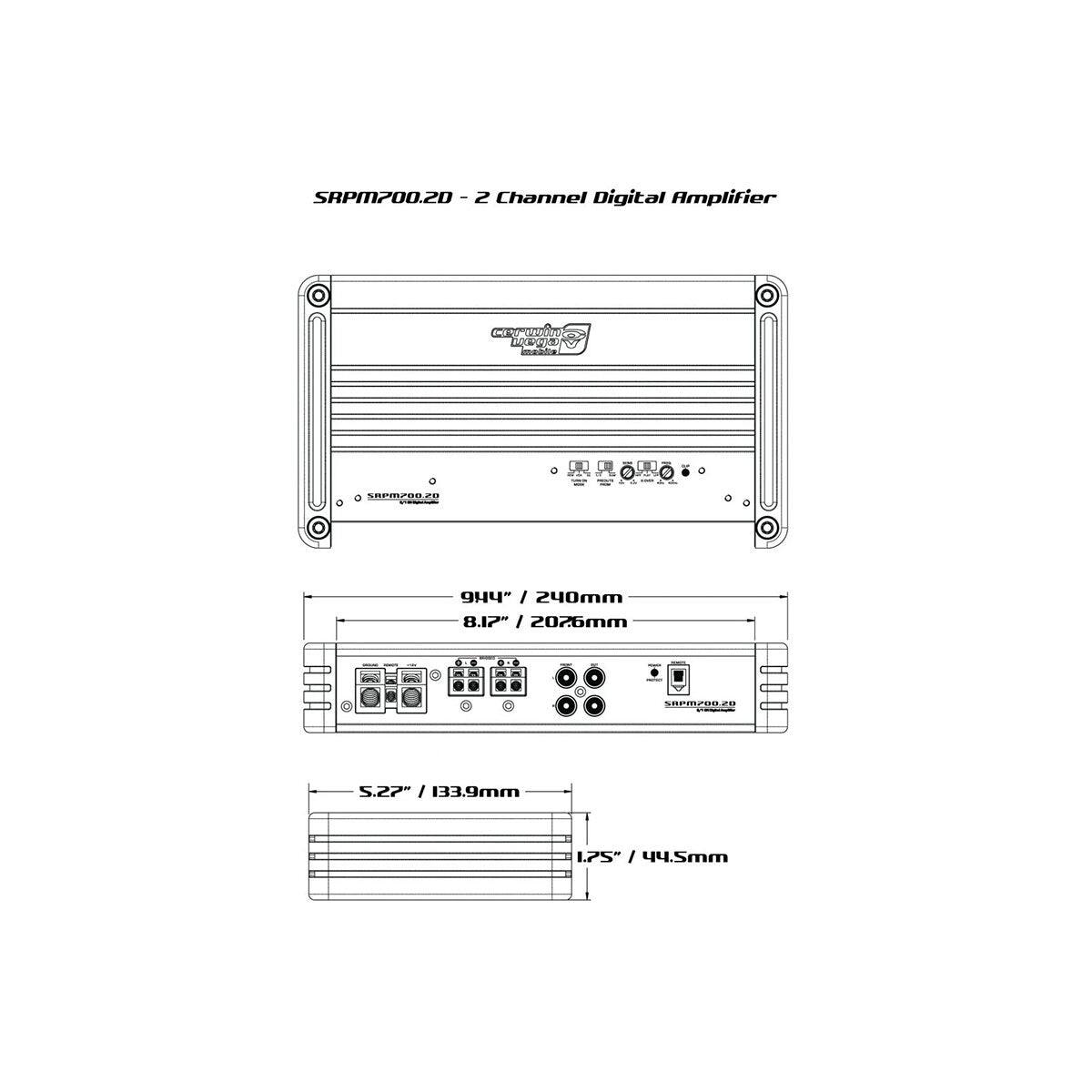 SRPM700.20 - 2 Channel Digital Amplifier

Dimensions:
- 9.44" / 240mm (Width)
- 8.17" / 207mm (Height)
- 5.27" / 133.9mm (Depth)

Additional Dimensions:
- 1.25" / 44.5mm (Front Depth)
- 4.5mm (Thickness)

Specifications:
- 40mm (Height of the unit)
- 0.26mm (Thickness of the front panel)