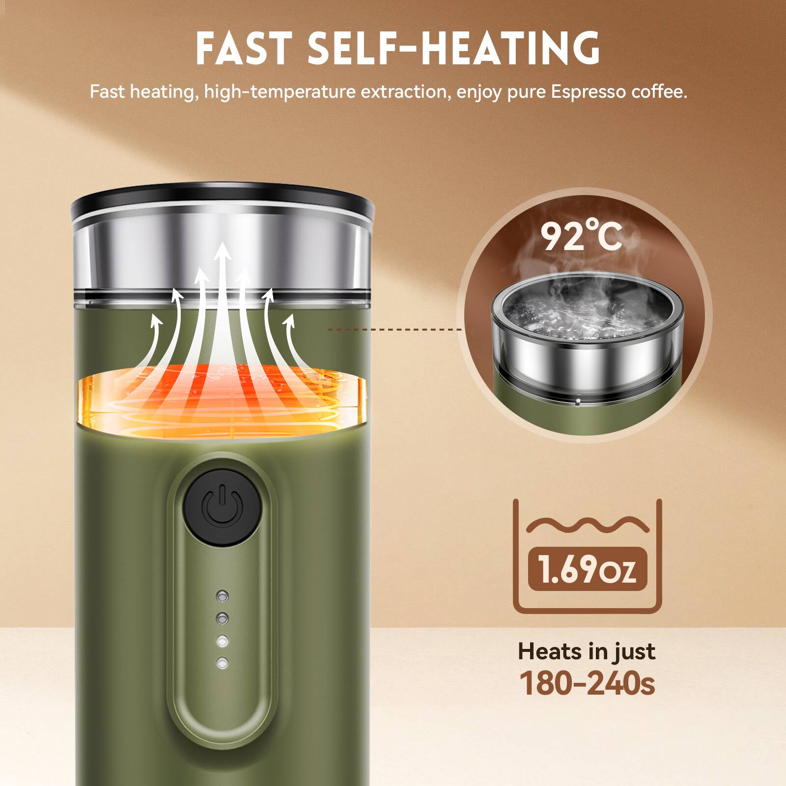 FAST SELF-HEATING  
Fast heating, high-temperature extraction, enjoy pure Espresso coffee.  
92°C  
1.69oz  
Heats in just 180-240s
