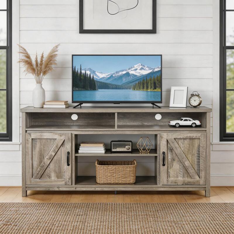 Front. WELLFOR - Farmhouse TV Stand for TVs up to 65", Entertainment Center Console Table with Barn Door - Natural.