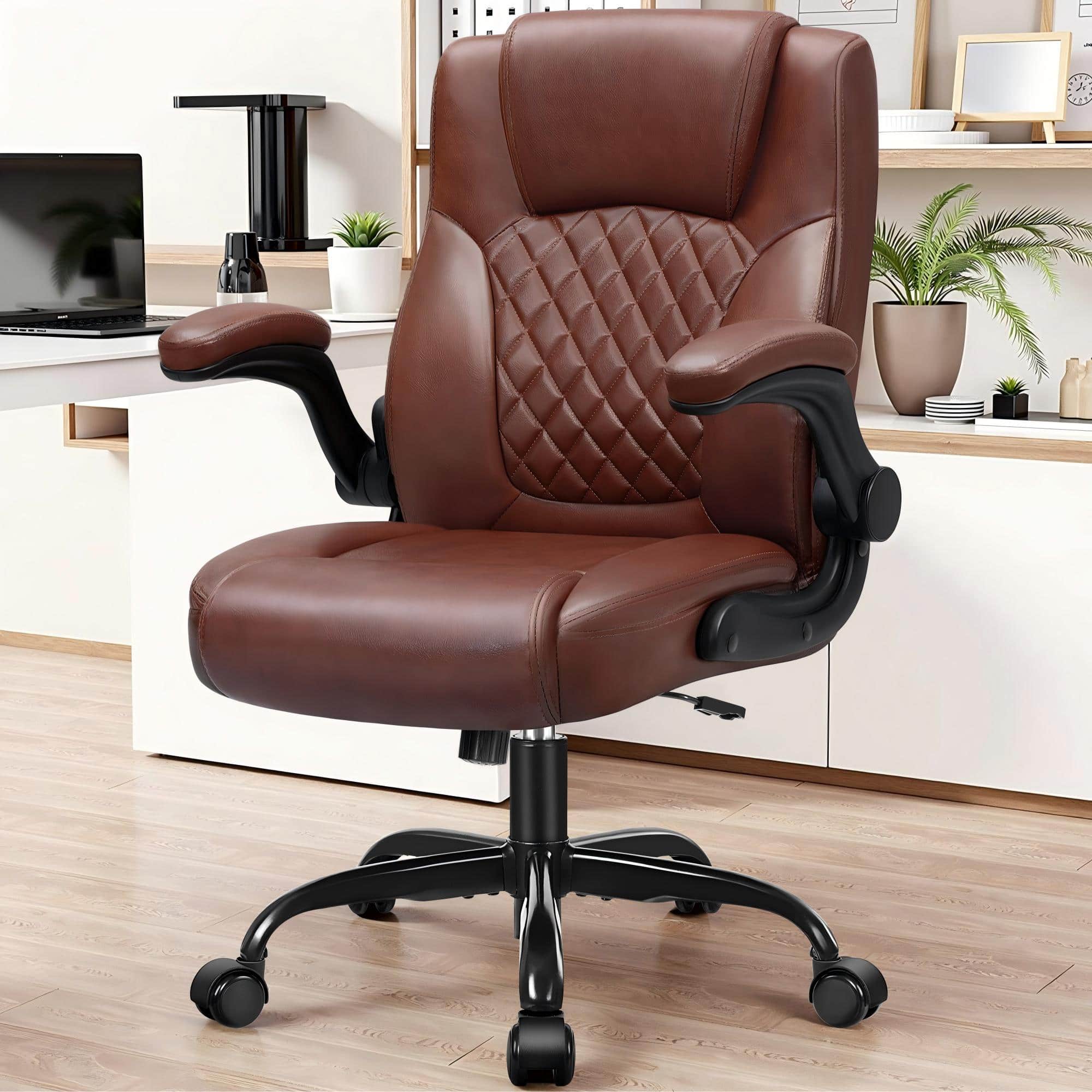 KERDOM - Swivel Tilt Gamer Ergonomic Computer Chair with Lumbar Support, Height Adjustable, Adjustable Arms Space Saving - Vintage Brown