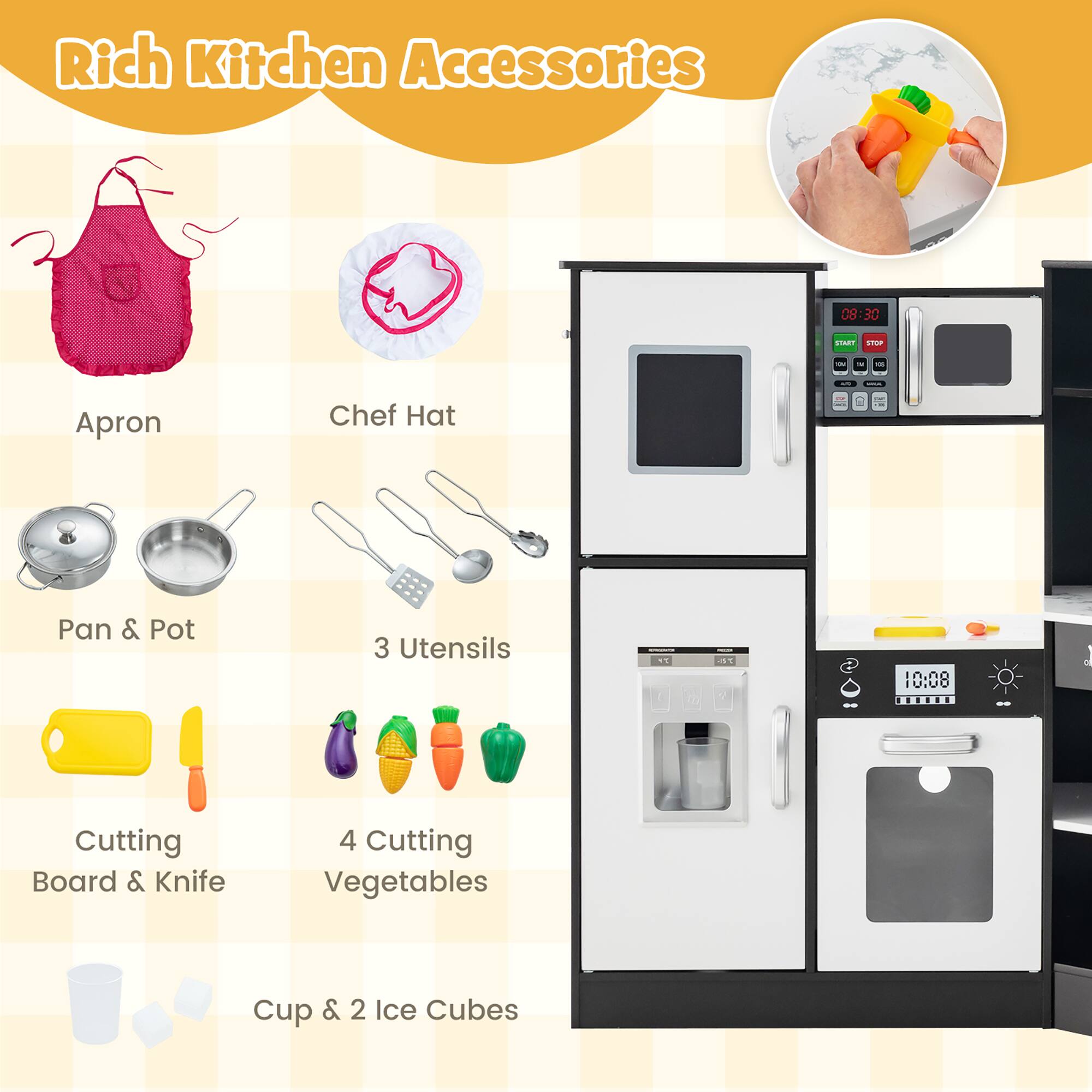 Rich Kitchen Accessories

- Apron
- Chef Hat
- Pan & Pot
- 3 Utensils
- Cutting Board & Knife
- 4 Cutting Vegetables
- Cup & 2 Ice Cubes