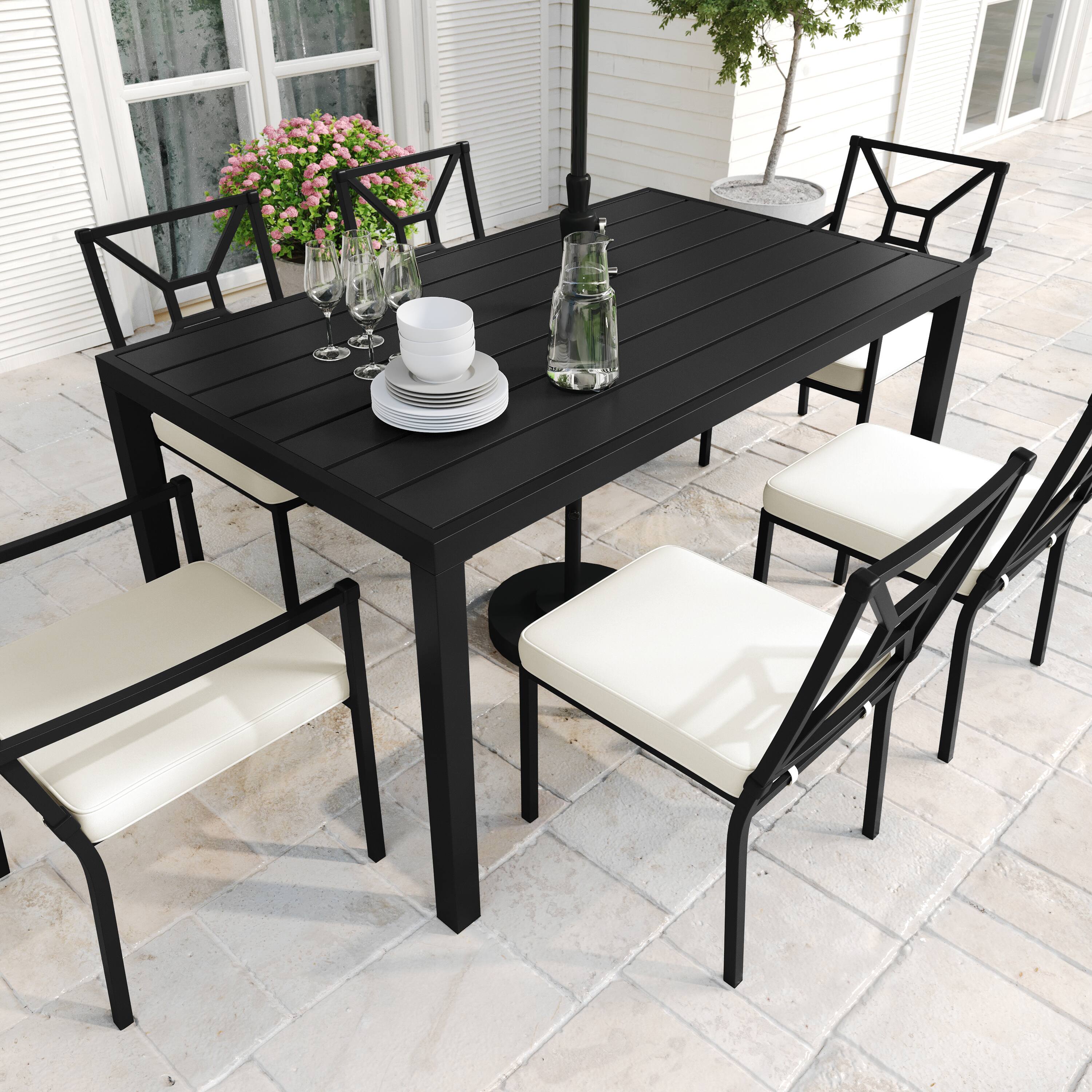 Alt View 4. Martha Stewart - Lily Pond 60" All-Weather Steel Frame Patio Table with Slatted Top and Umbrella Hole - Black.