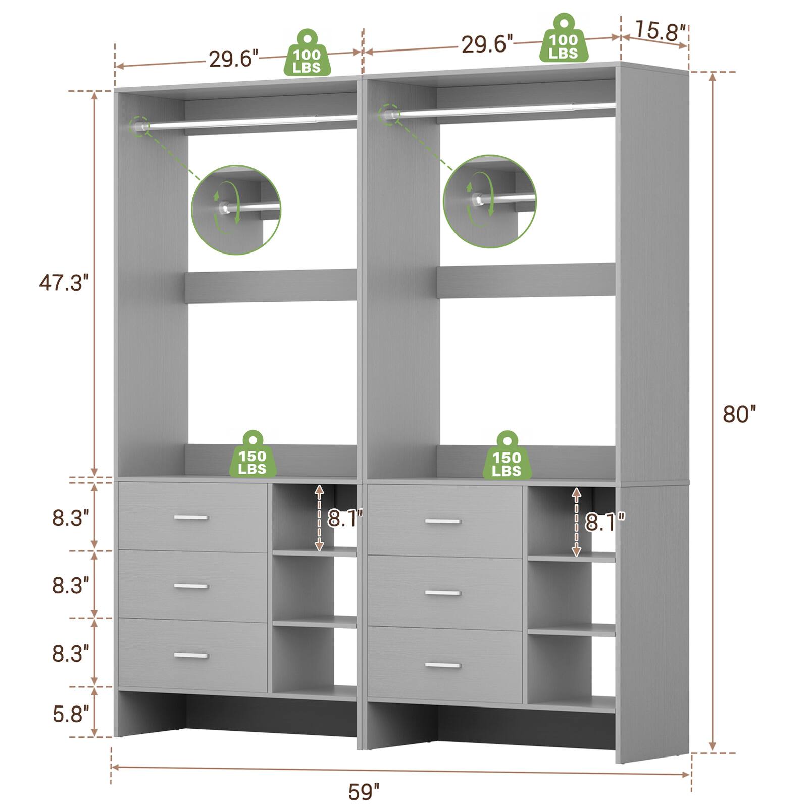 29.6" 100 LBS  
29.6" 100 LBS  
15.8"  
47.3"  
80"  
8.3"  
8.3"  
8.3"  
5.8"  
59"  
8.1"  
150 LBS  
150 LBS