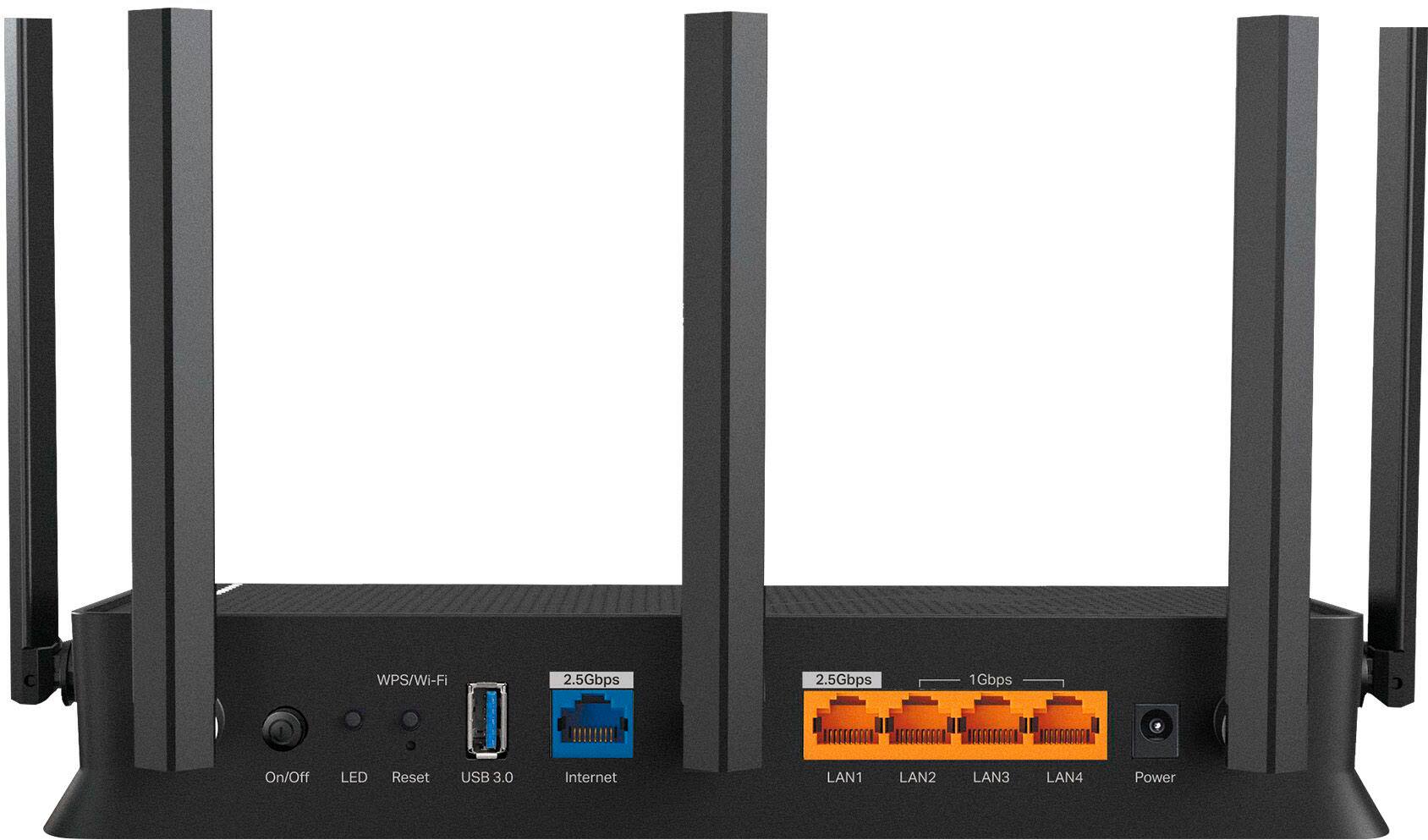 The text on the image reads: WPS/Wi-Fi 2.5Gbps 1Gbps On/Off LED Reset USB 3.0 Internet LAN1 LAN2 LAN3 LAN4 Power.