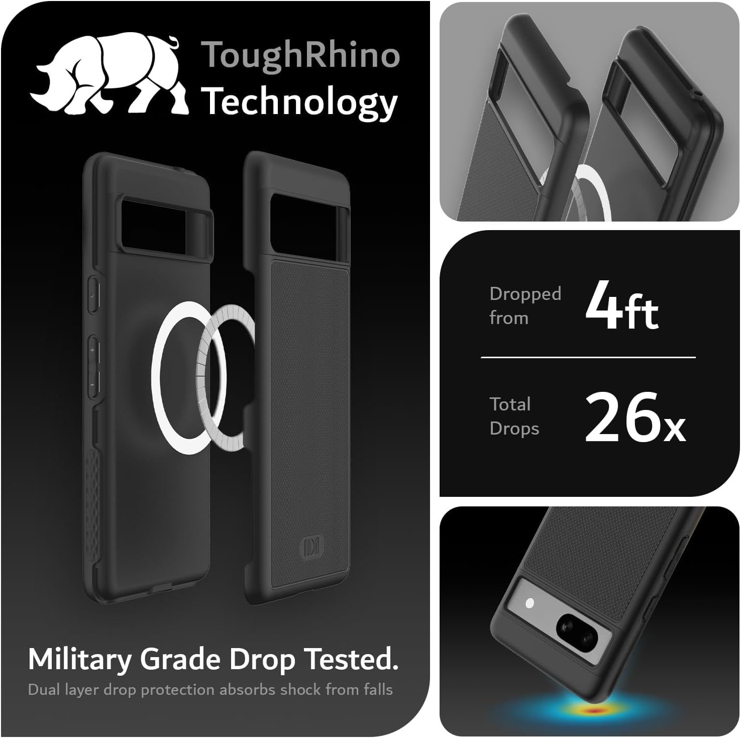 ToughRhino Technology

Dropped from 4ft  
Total Drops 26x

Military Grade Drop Tested.  
Dual layer drop protection absorbs shock from falls