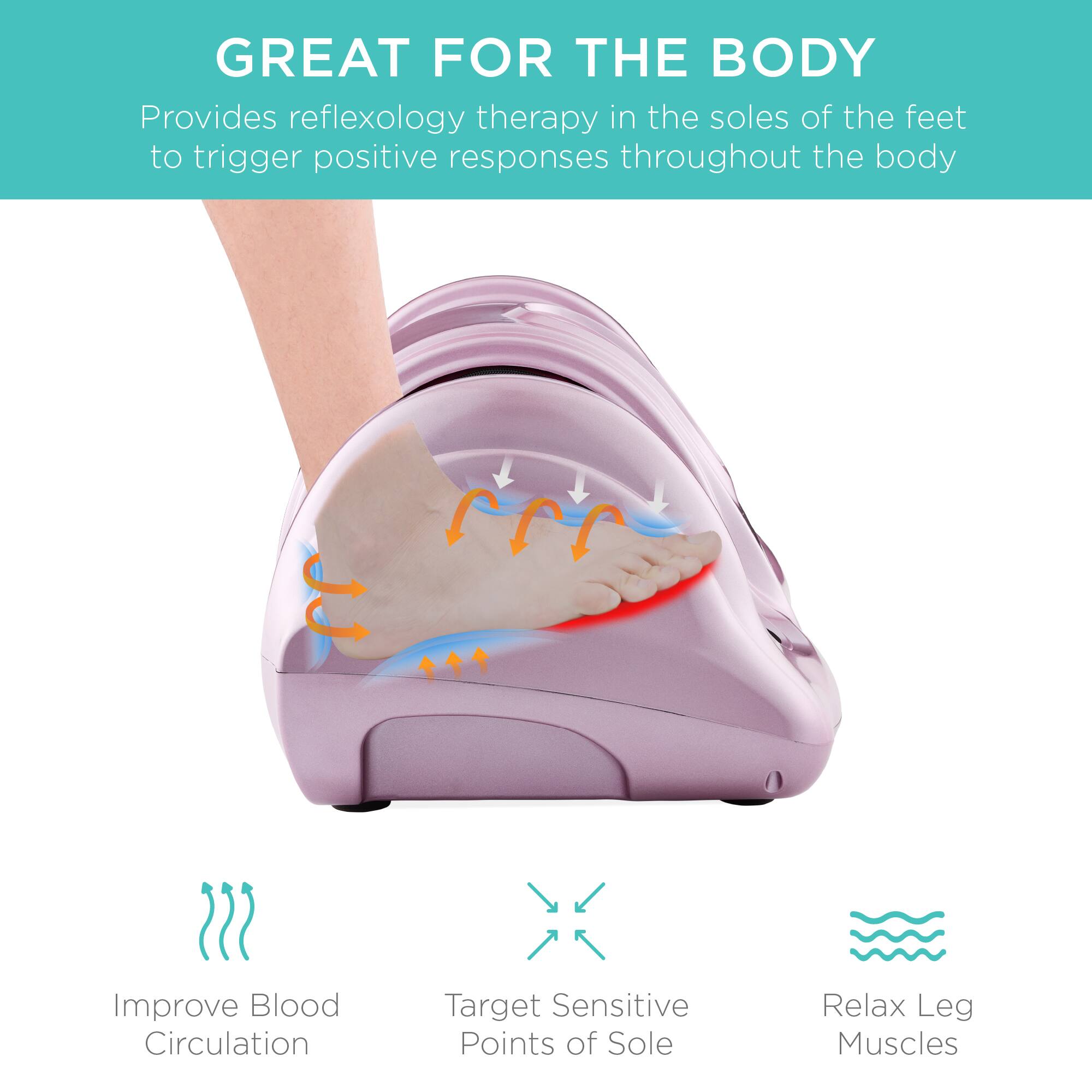 GREAT FOR THE BODY

Provides reflexology therapy in the soles of the feet to trigger positive responses throughout the body.

- Improve Blood Circulation
- Target Sensitive Points of Sole
- Relax Leg Muscles