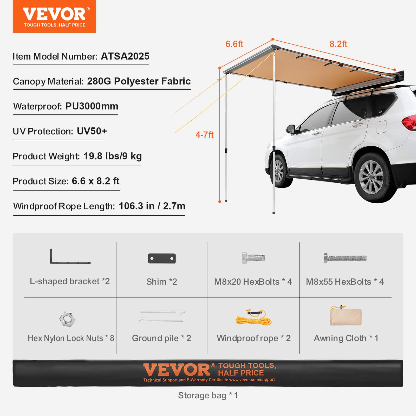 VEVOR Car Side Awning, Large 6.6' x 8.2' Shade Coverage Vehicle