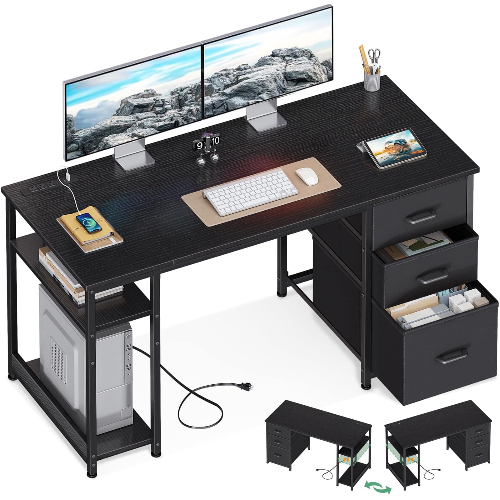 AODK - 51" Computer Desk with Fabric Drawers, USB Power Outlets, and Storage Shelves - Black