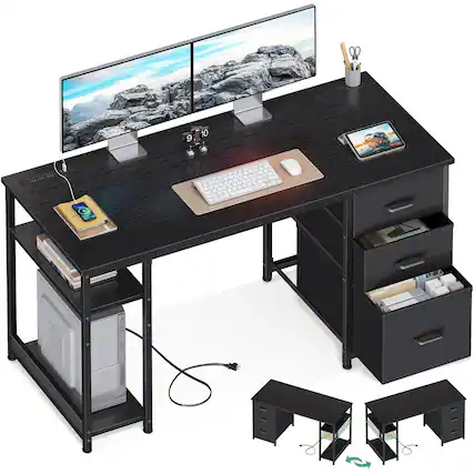 Front. AODK - 51" Computer Desk with Fabric Drawers, USB Power Outlets, and Storage Shelves - Black.