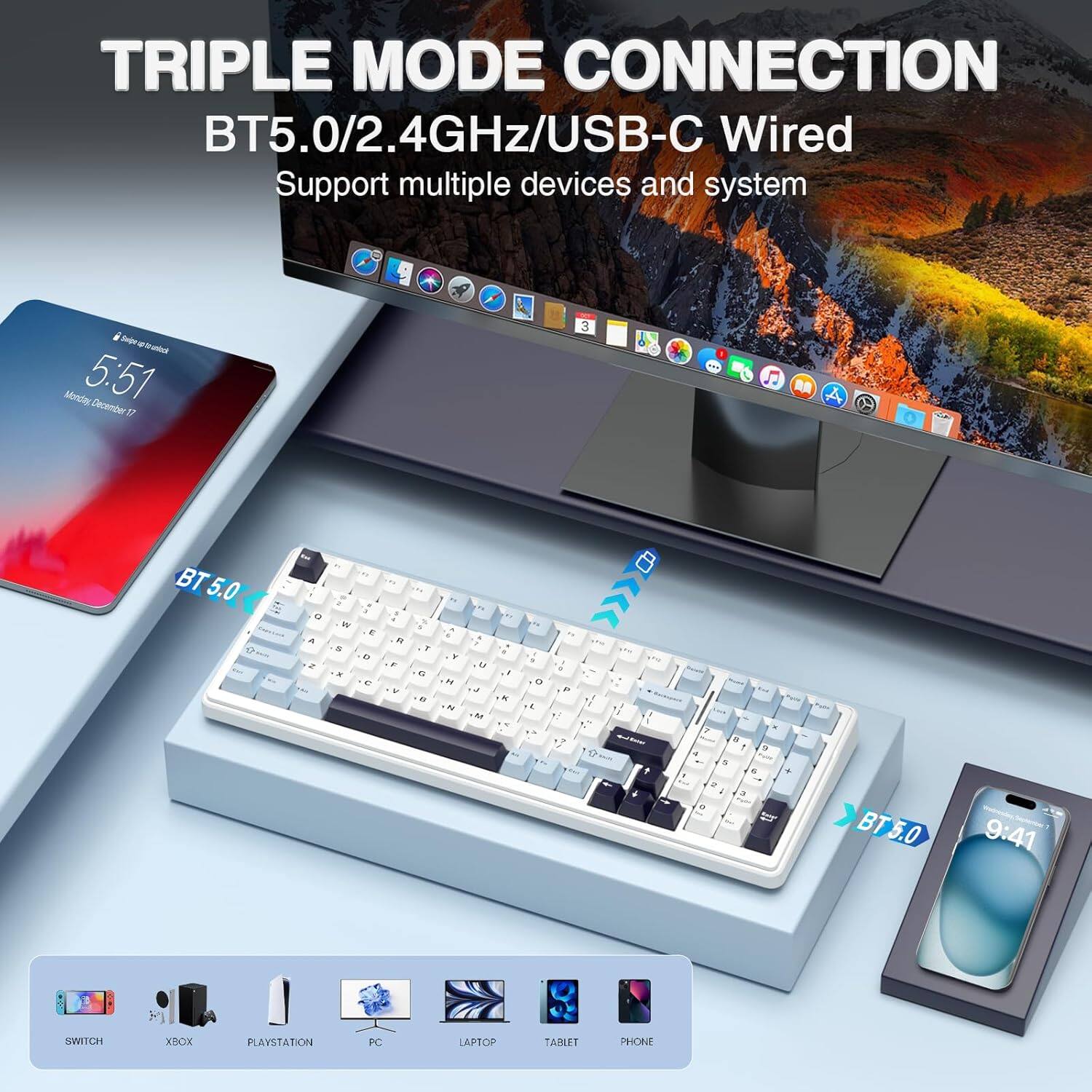 TRIPLE MODE CONNECTION BT5.0/2.4GHz/USB-C Wired Support multiple devices and systems. Compatible with: SWITCH, XBOX, PLAYSTATION, PC, LAPTOP, TABLET, PHONE.