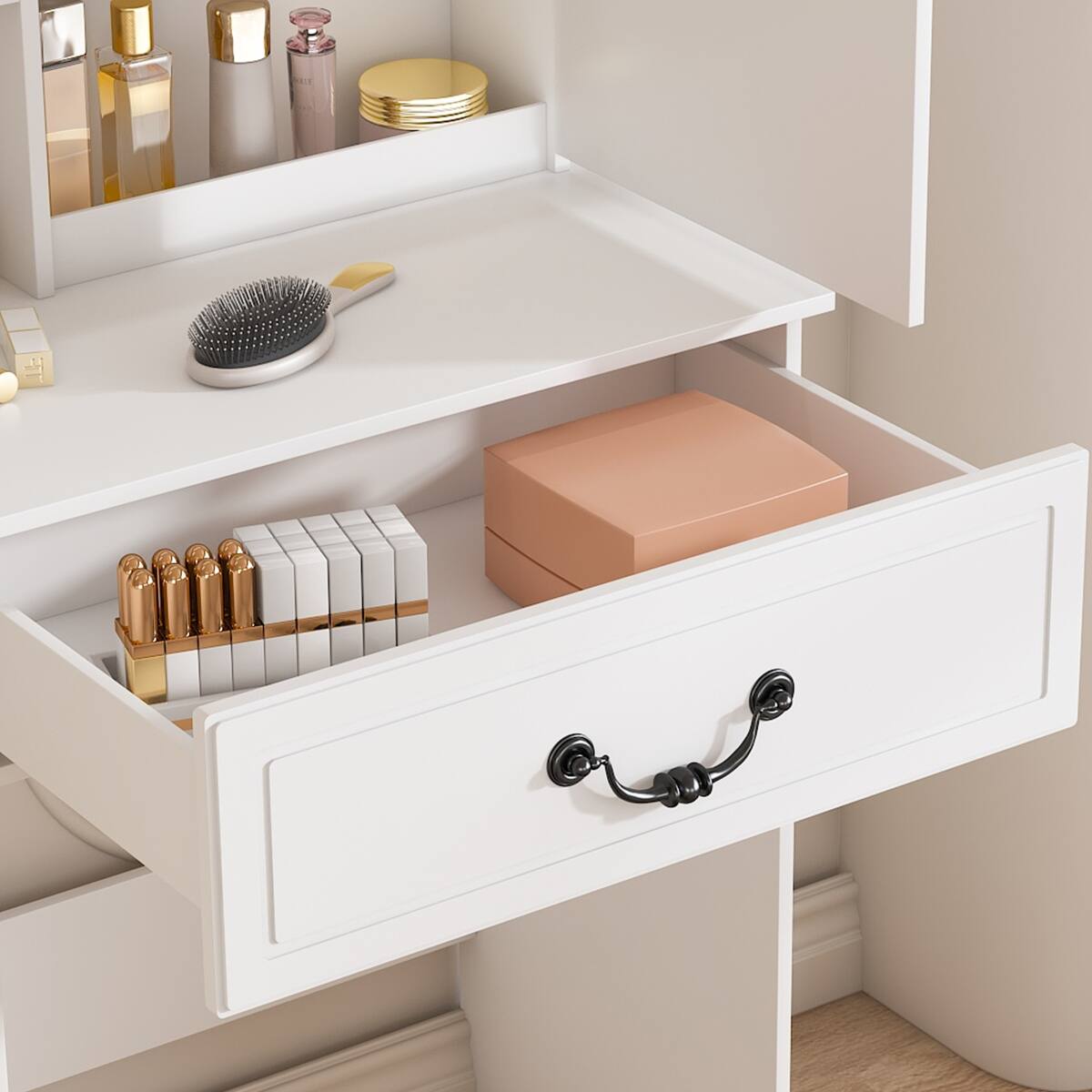 Alt View 2. Loheer - Loheer White Makeup Vanity with LED Mirror and Storage - White.