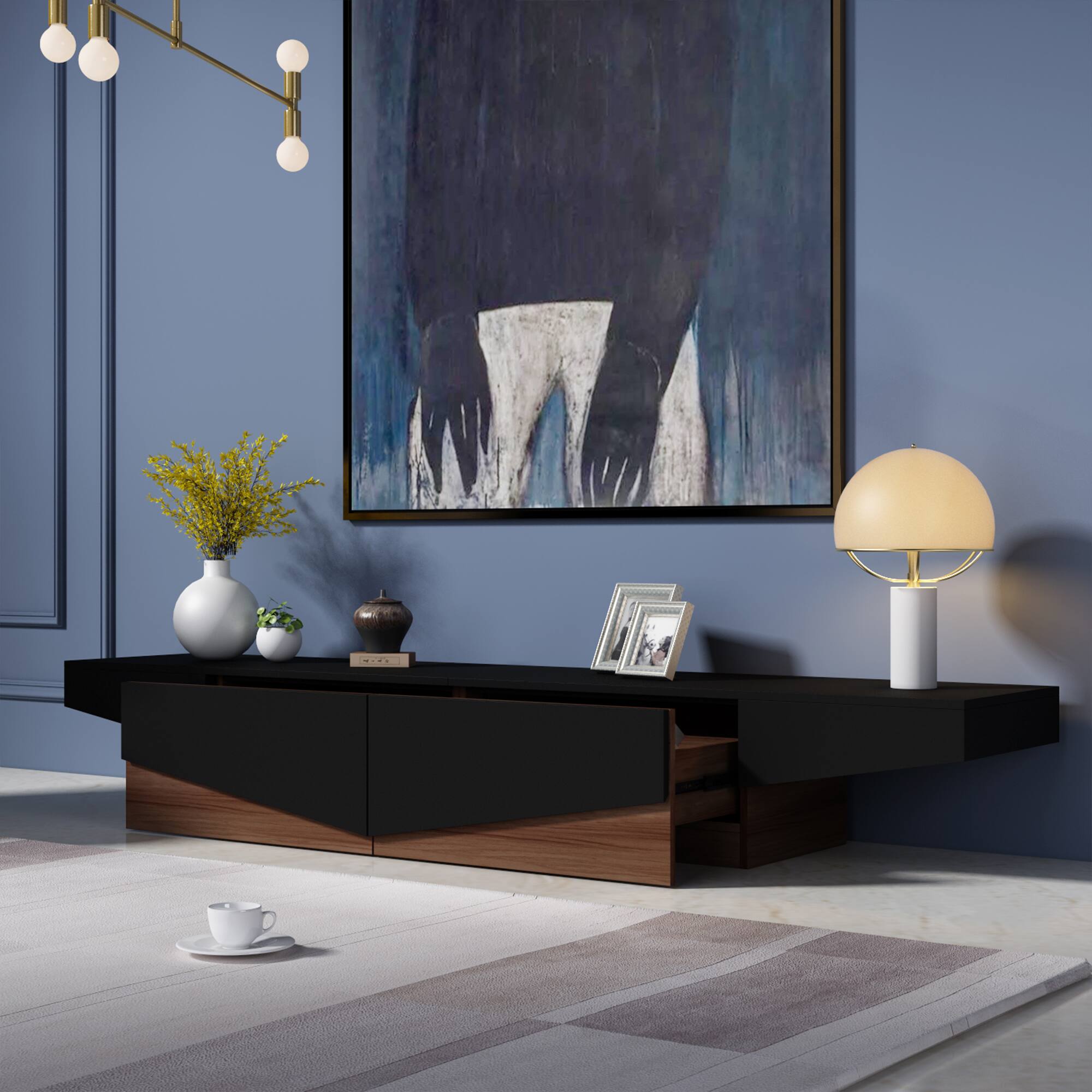 Back. Famapy - Modern Geometric TV Stand with Storage Drawers, Artistic Media Console for Living Room, Entertainment Center - Black & Brown.