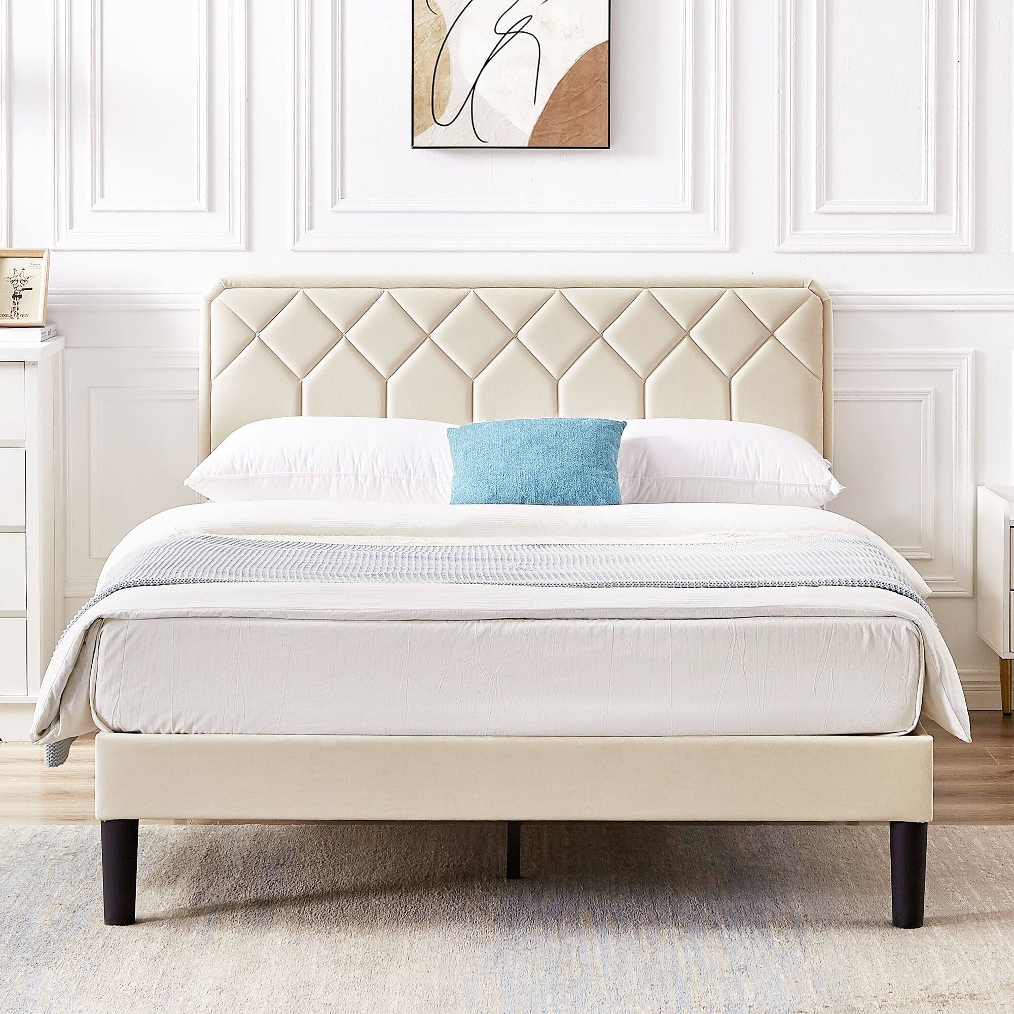 Left. Vecelo - Full Size Upholstered Bed With Adjustable Headboard And Underbed Storage - Metal Platform Bed,Quiet Design - Beige.
