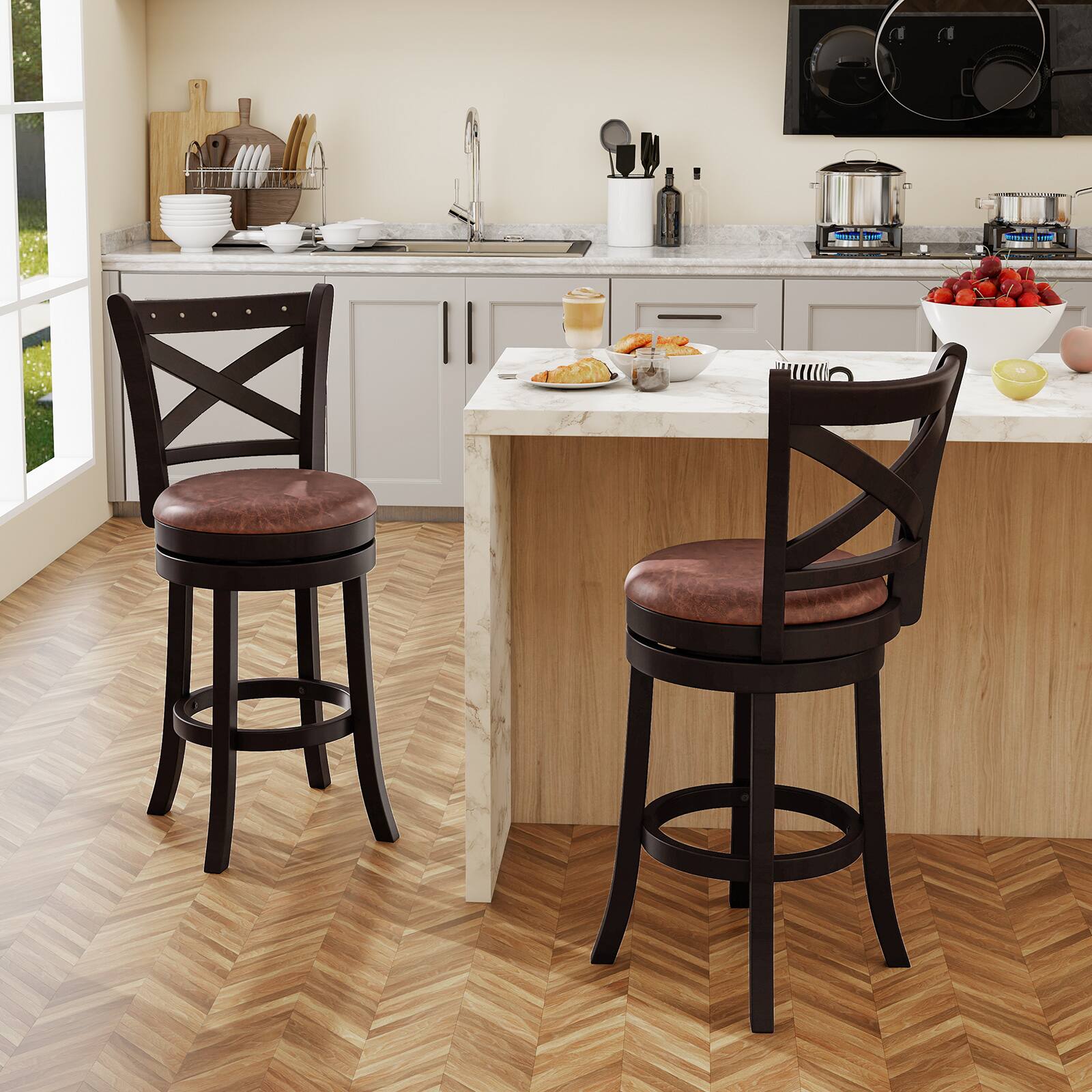 Alt View 1. Gymax - Gymax 26'' Swivel Bar Stools Set of 2 Footrest & Rubber Wood Frame for Kitchen Island - Coffee, Brown.