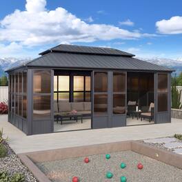 PURPLE LEAF - Sunroom Outdoor Hardtop Gazebo Gray Aluminum Frame Galvanized Steel Double Roof All-Weather Screen House - 12' X 24'