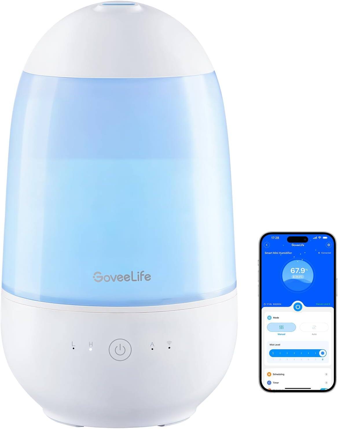 17:28  
GoveeLife Smart Mini Humidifier  
67.9%  
24°C  

Mode: Manual  
Mist Level: 5  
Scheduling  
Timer  

GoveeLife
