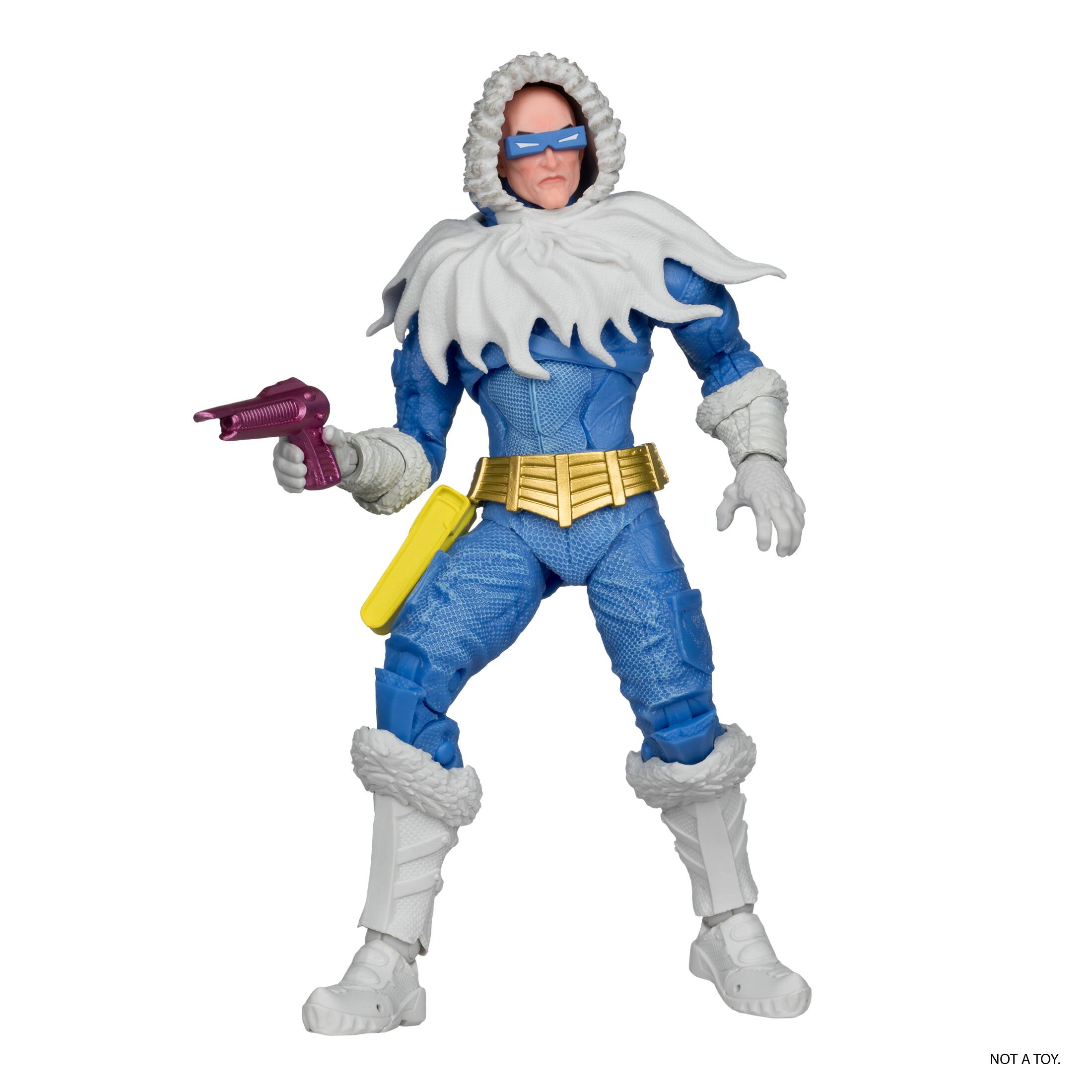 The image features a toy action figure of a woman in a blue costume, holding a purple gun. The toy is posed in a dynamic stance, with one foot up and the gun aimed forward. The figure is likely part of a popular action figure series or a custom creation.
