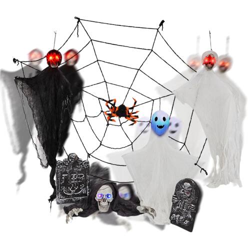 Alt View 1. Winado - Halloween Scray Hanging Skeleton Ghosts, Spider Web, Tombstone 8PCS Decoration for In/Outdoor Patio Garden Haunted House - White & Black.