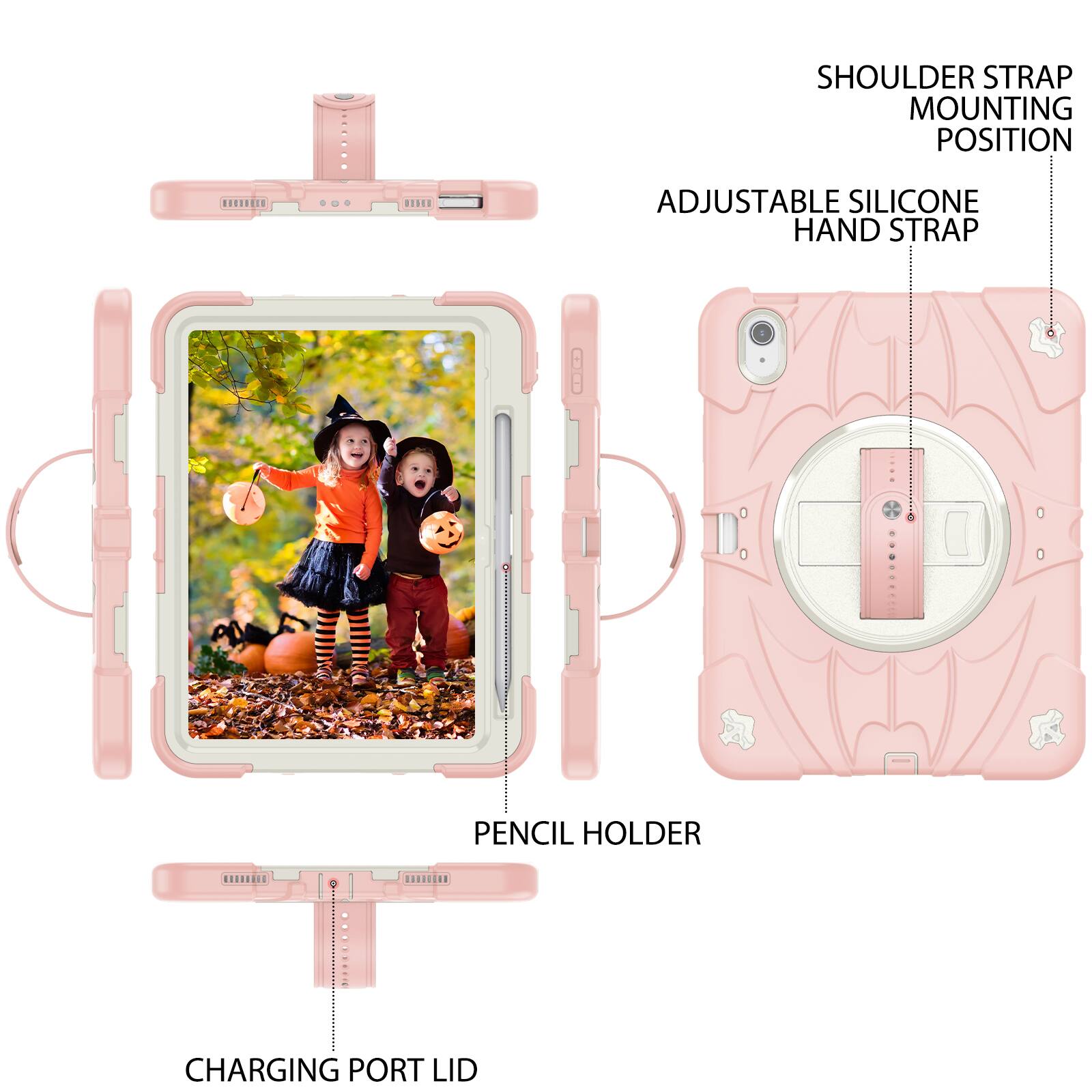 SHOULDER STRAP MOUNTING POSITION  
ADJUSTABLE SILICONE HAND STRAP  
PENCIL HOLDER  
CHARGING PORT LID