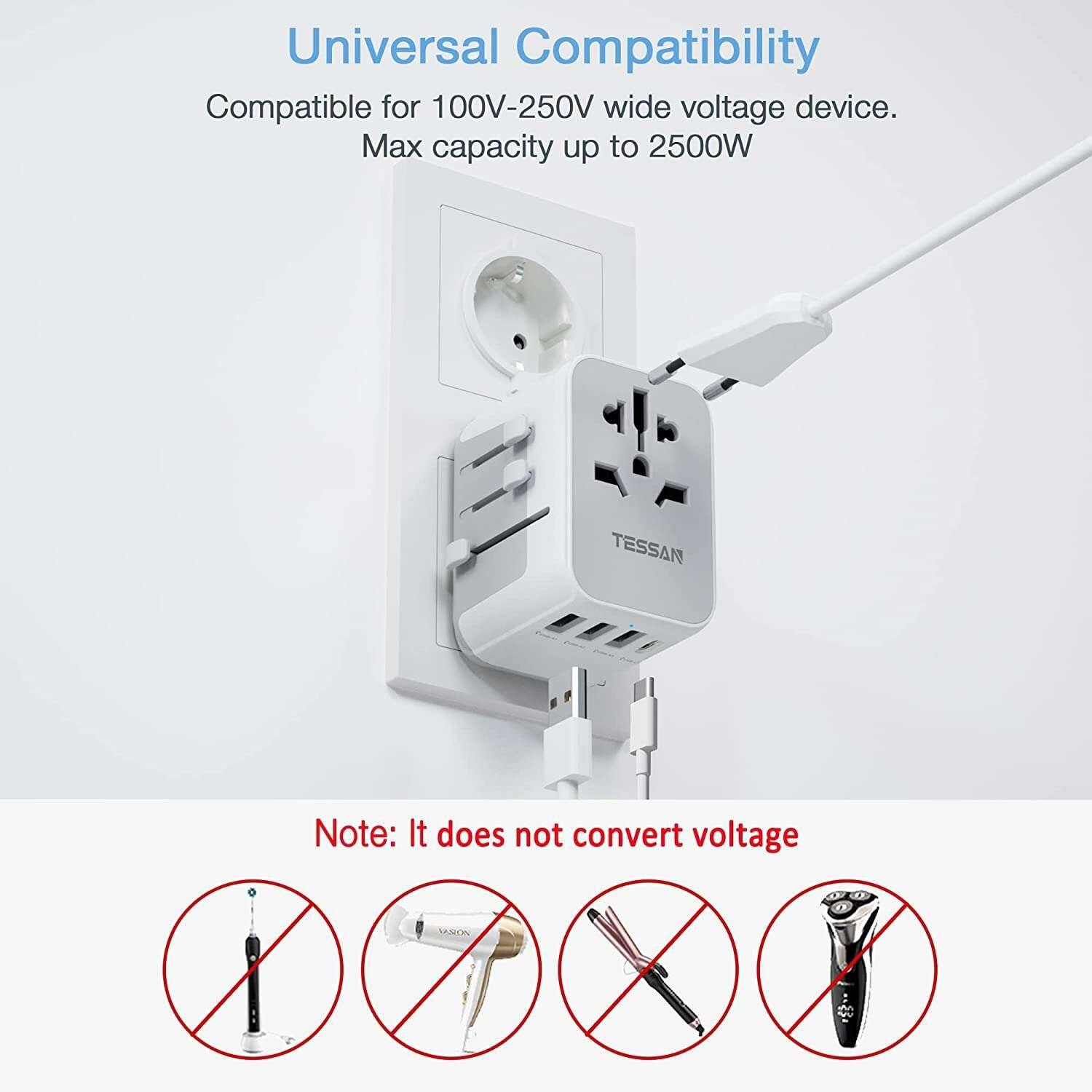 Universal Compatibility  
Compatible for 100V-250V wide voltage device.  
Max capacity up to 2500W  

TESSAN  

Note: It does not convert voltage