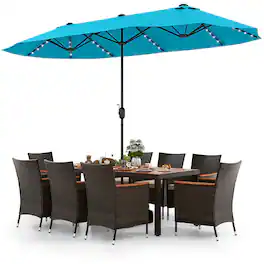 Gymax - Set of 11 Patio Dining Set w/ 15ft Double-Sided Patio Umbrella (Base Included) Beige - Brown
