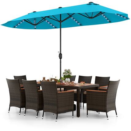 Front. Gymax - Gymax Set of 11 Patio Dining Set w/ 15ft Double-Sided Patio Umbrella (Base Included) Beige - Brown.