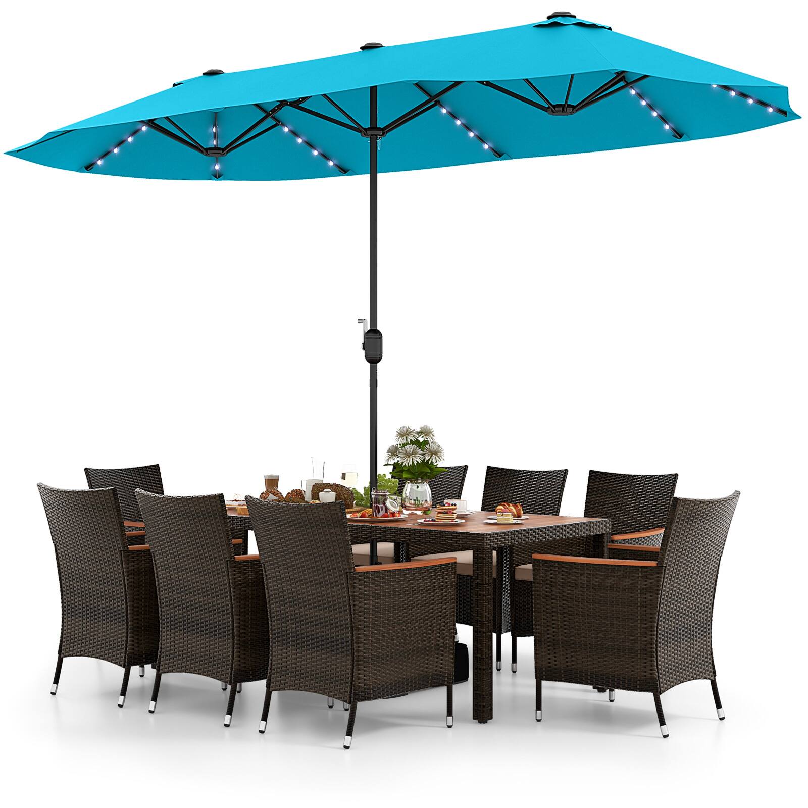 Front. Gymax - Gymax Set of 11 Patio Dining Set w/ 15ft Double-Sided Patio Umbrella (Base Included) Beige - Brown.