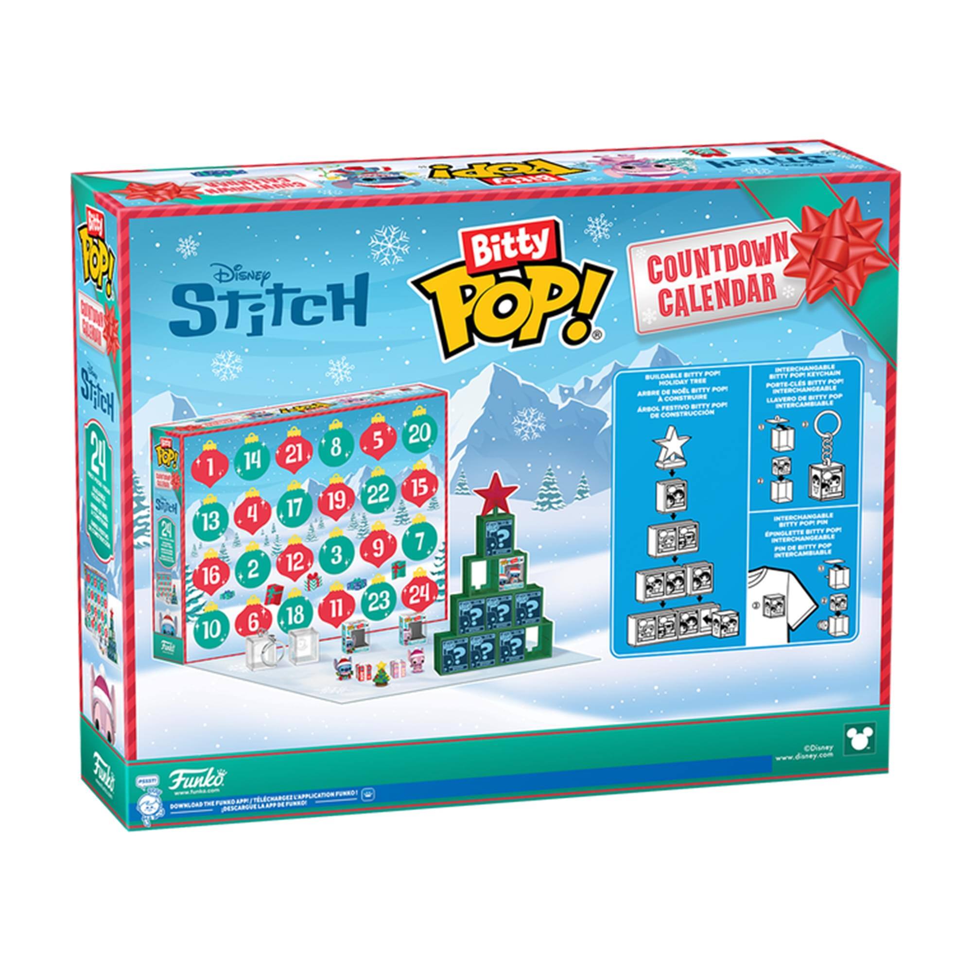 - Disney Stitch
- Bitty Pop!
- Countdown Calendar
- 24 Days
- Buildable Bitty Pop! for a construction pop!
- Portable Bitty Pop! for a keychain
- Bitty Pop! for a t-shirt
- Bitty Pop! for a phone case
- Funko
- www.funko.com
- www.disney.com
