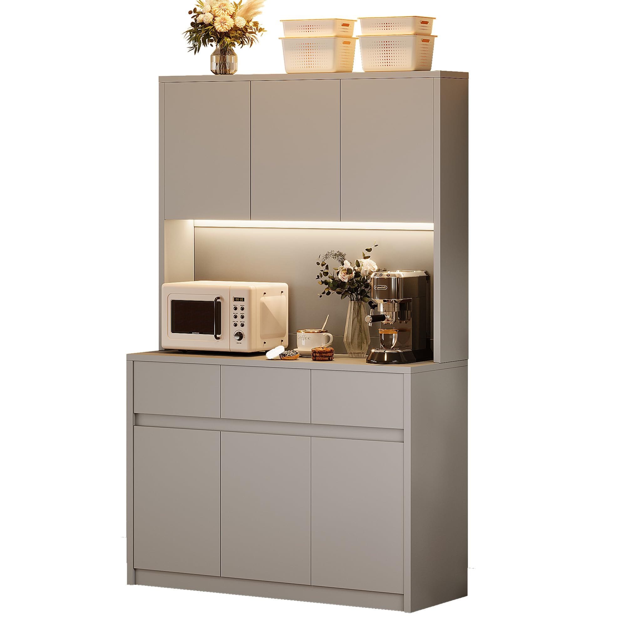 Acekool - 71" Pantry Cabinet, Kitchen Pantry Storage Cabinet with LED Light & Outlet, Kitchen Hutch - Gray