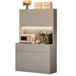 Acekool - 71" Pantry Cabinet, Kitchen Pantry Storage Cabinet with LED Light & Outlet, Kitchen Hutch - Gray