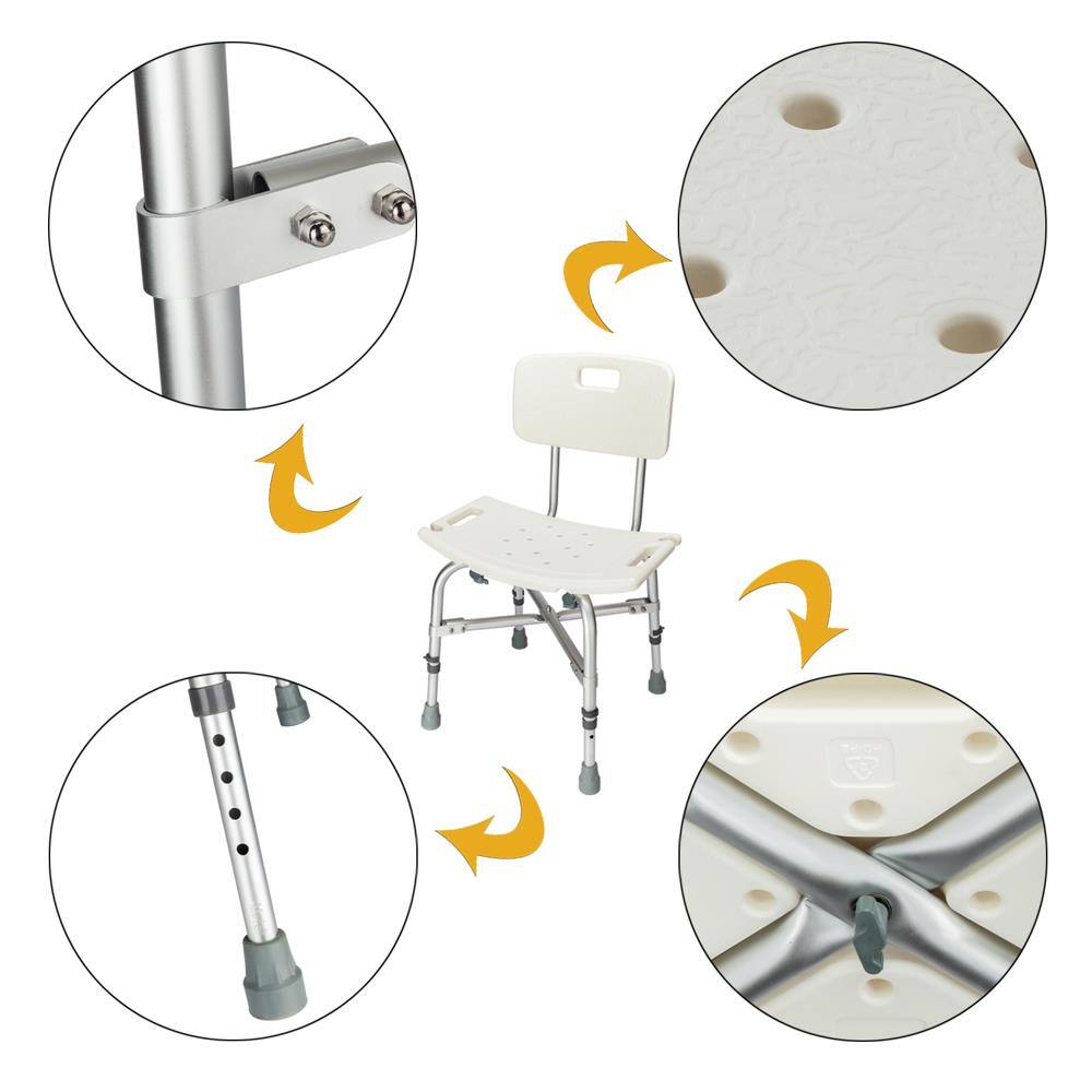Back. Winado - Heavy Duty Shower Chair Bathtub Chair with Back Support, Shower Head Holder, 6-Level Adjustable for Elderly and Disabled - White.
